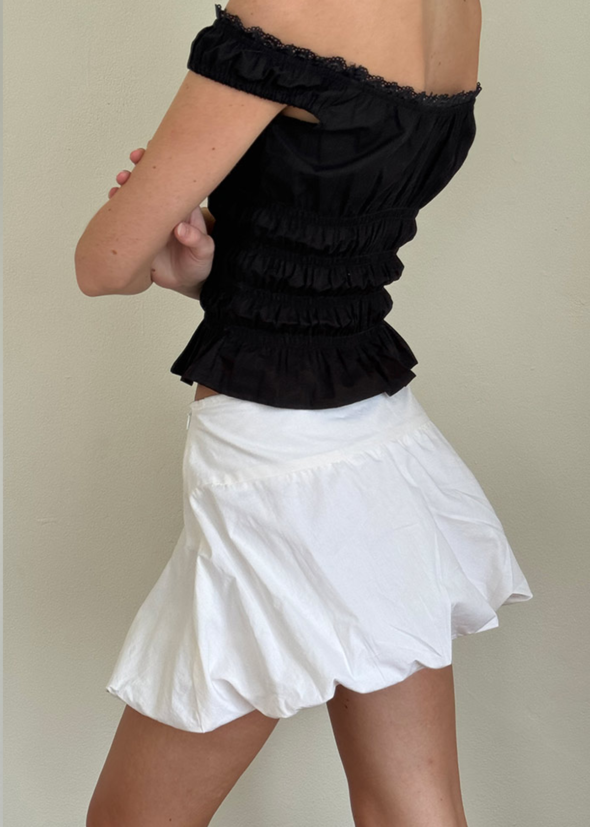 Motel Rocks 70s 90s inspired bardot off shoulder black cotton smocked prairie peasant top