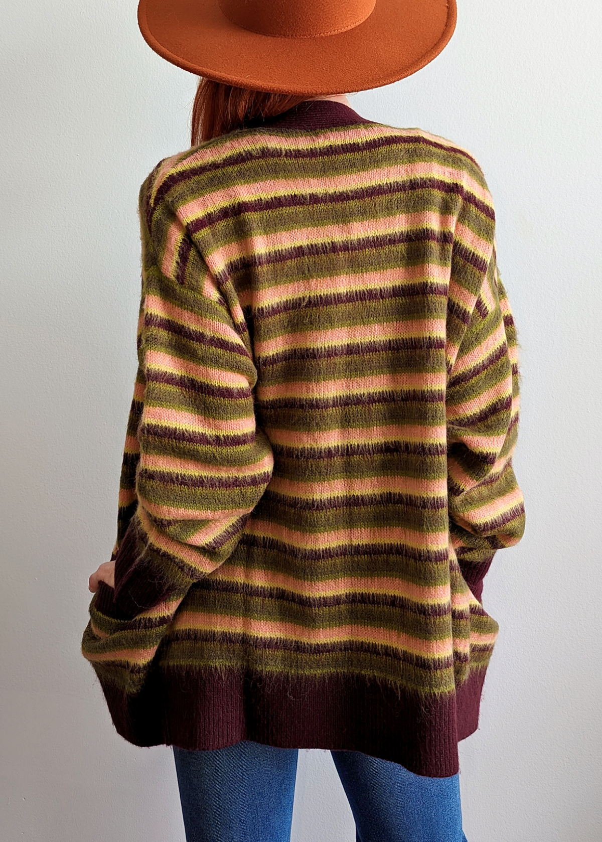 90s inspired grunge slouchy oversized grandpa fuzzy button front cardigan in burgundy stripe Cherry Crush by Daydreamer LA