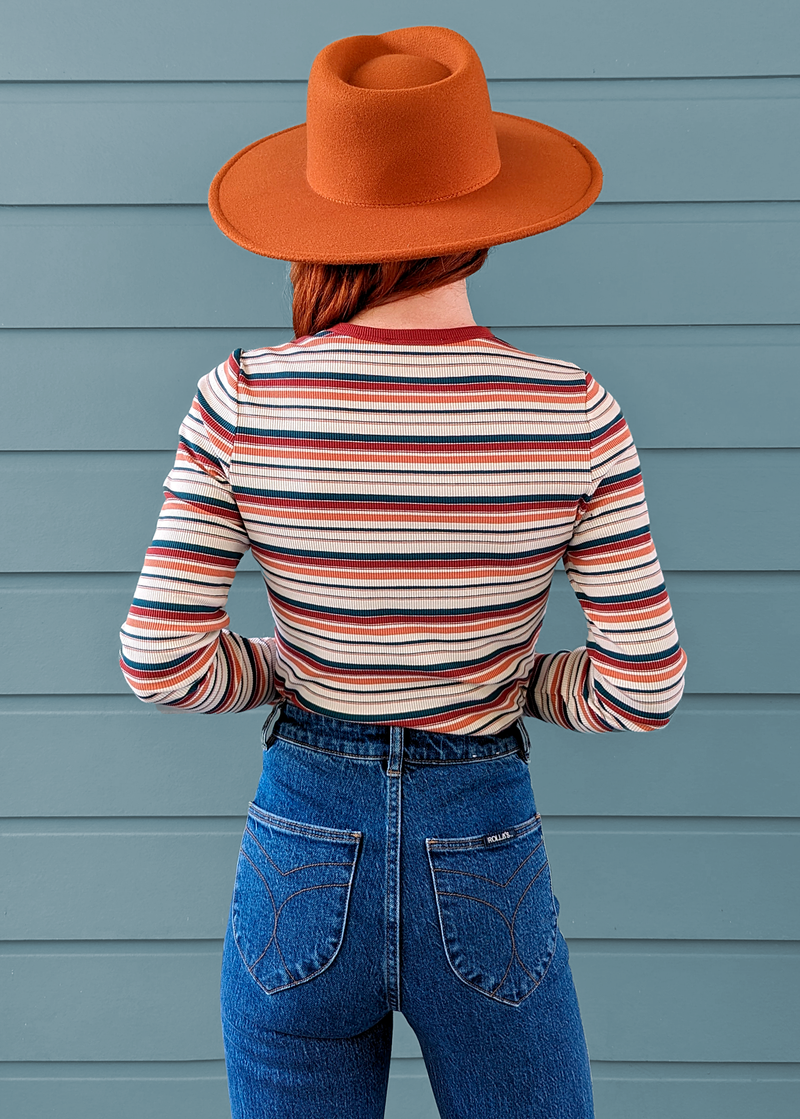 70s inspired long sleeve rib ringer tee with white, brick red, and teal stripe by Rolla's Jeans