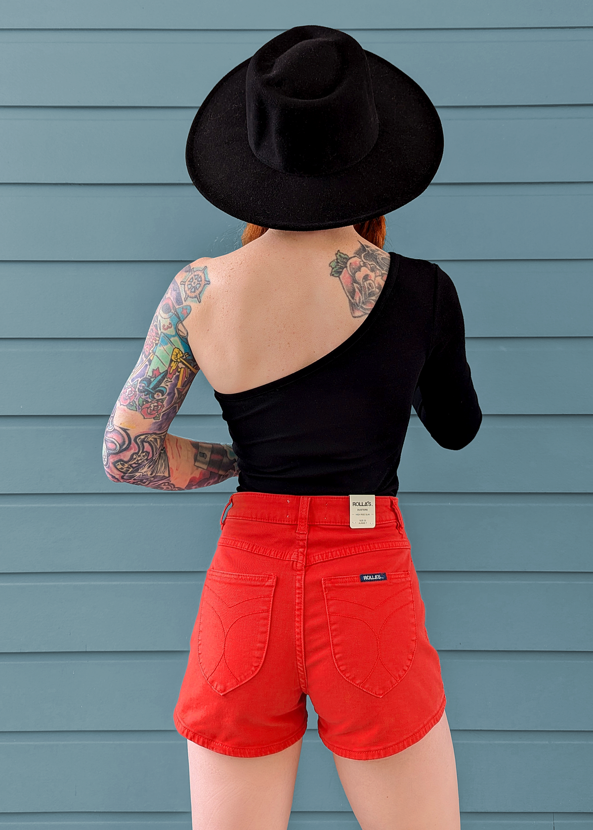 70s inspired Blood Orange Red high rise waist Sailor Patch Front Pocket Stretch Cotton Denim Shorts by Rolla's Jeans