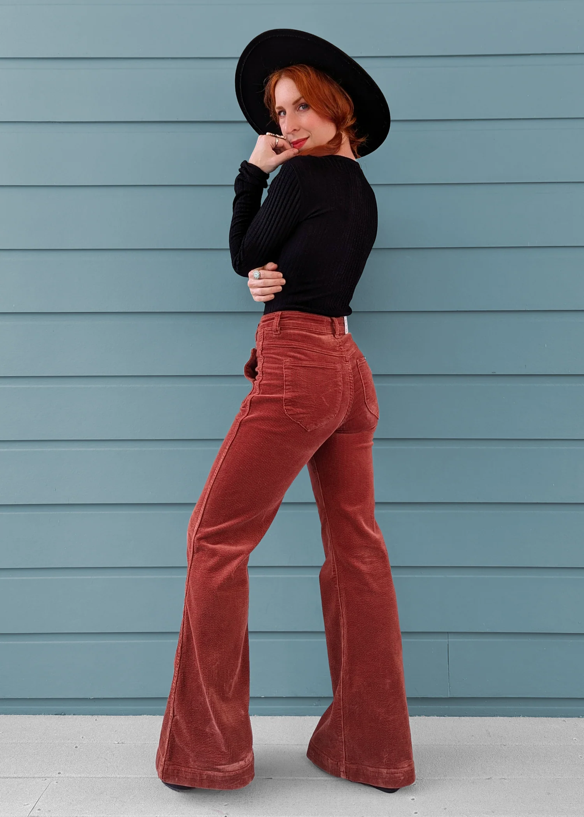 70s inspired Brick Red Stretch Corduroy Eastcoast Flares with high rise waist and patch front pockets by Rolla's Jeans