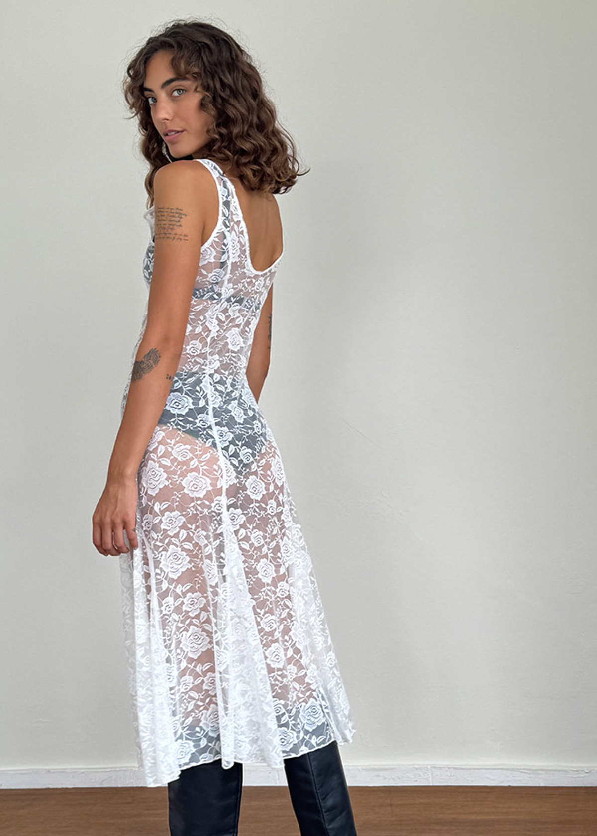 90s inspired sheer unlined white lace floral midi dress with sleeveless design and deep-v neckline by Motel Rocks