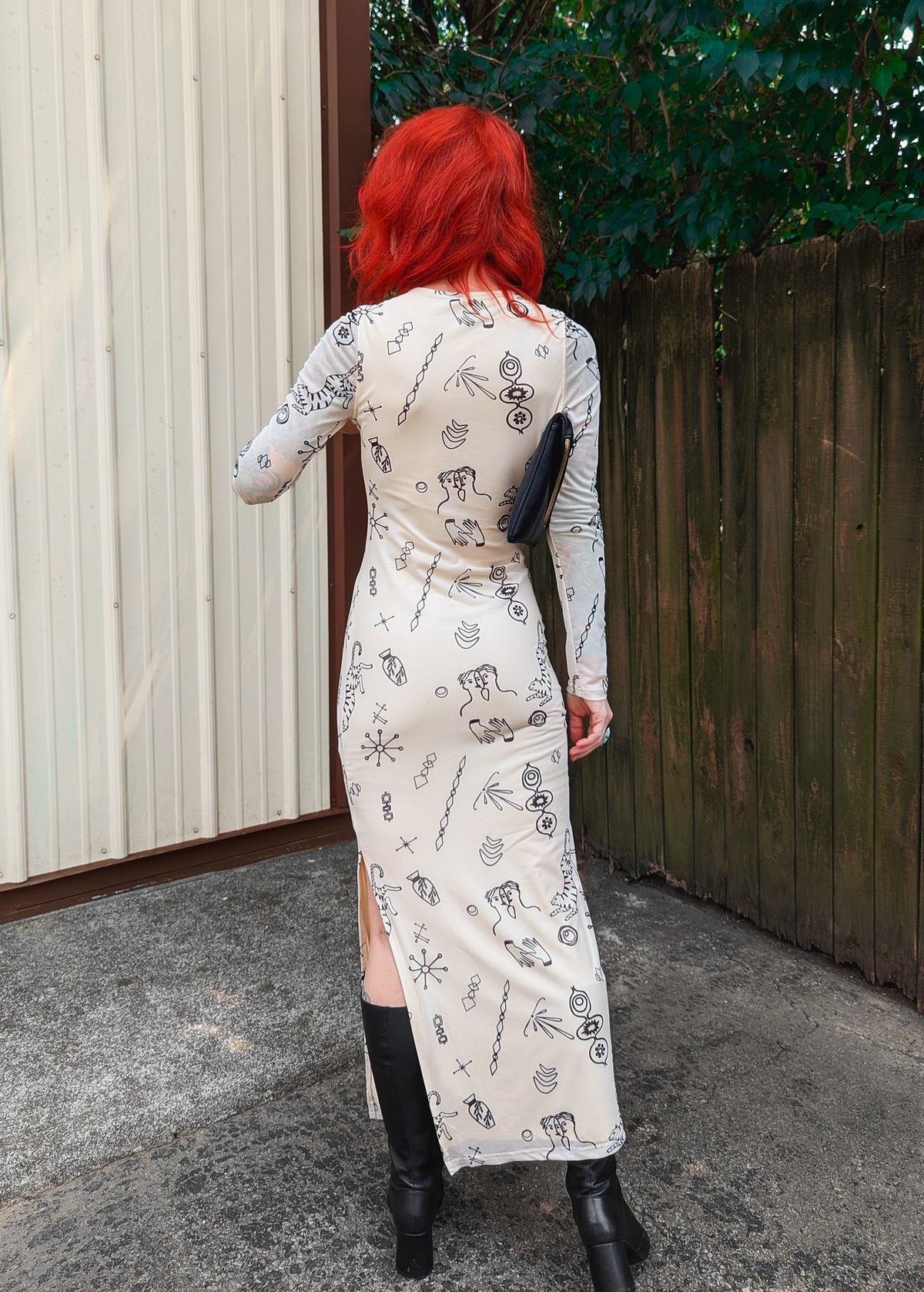 Doodle Print White and Black Long Sleeve Mesh Midi-Maxi Dress by Another Girl XS Doodle Print White and Black Long Sleeve Mesh Midi-Maxi Dress by Another Girl XS