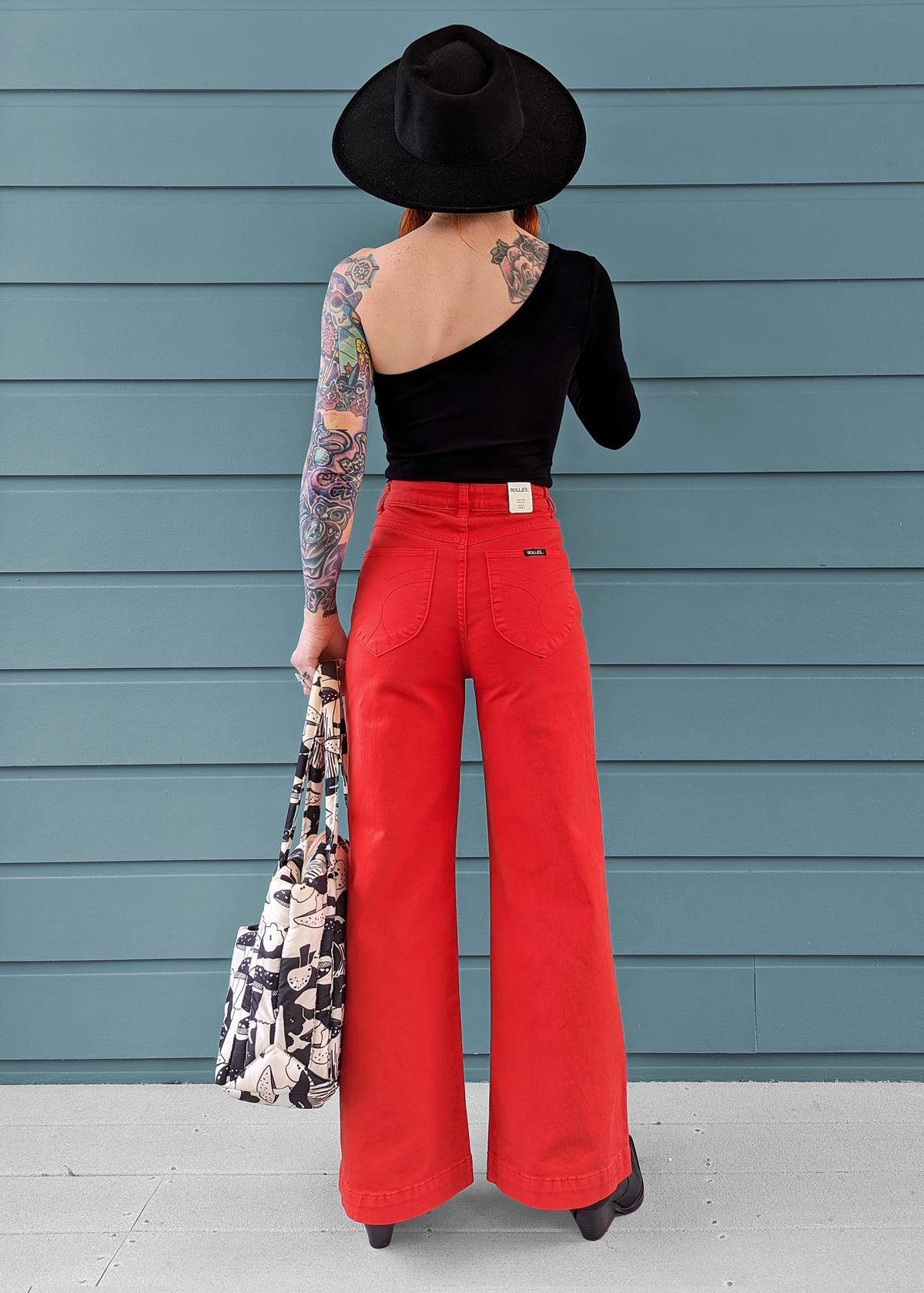 70s inspired Blood Orange Red high rise waist Sailor Patch Front Pocket Stretch Cotton Denim Ankle Length Wide Leg Pants by Rolla's Jeans