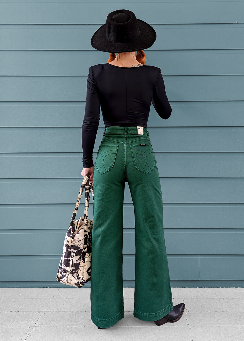 70s inspired high rise waist stretch cotton basil green sailor wide leg crop pant jean by Rolla's Jeans