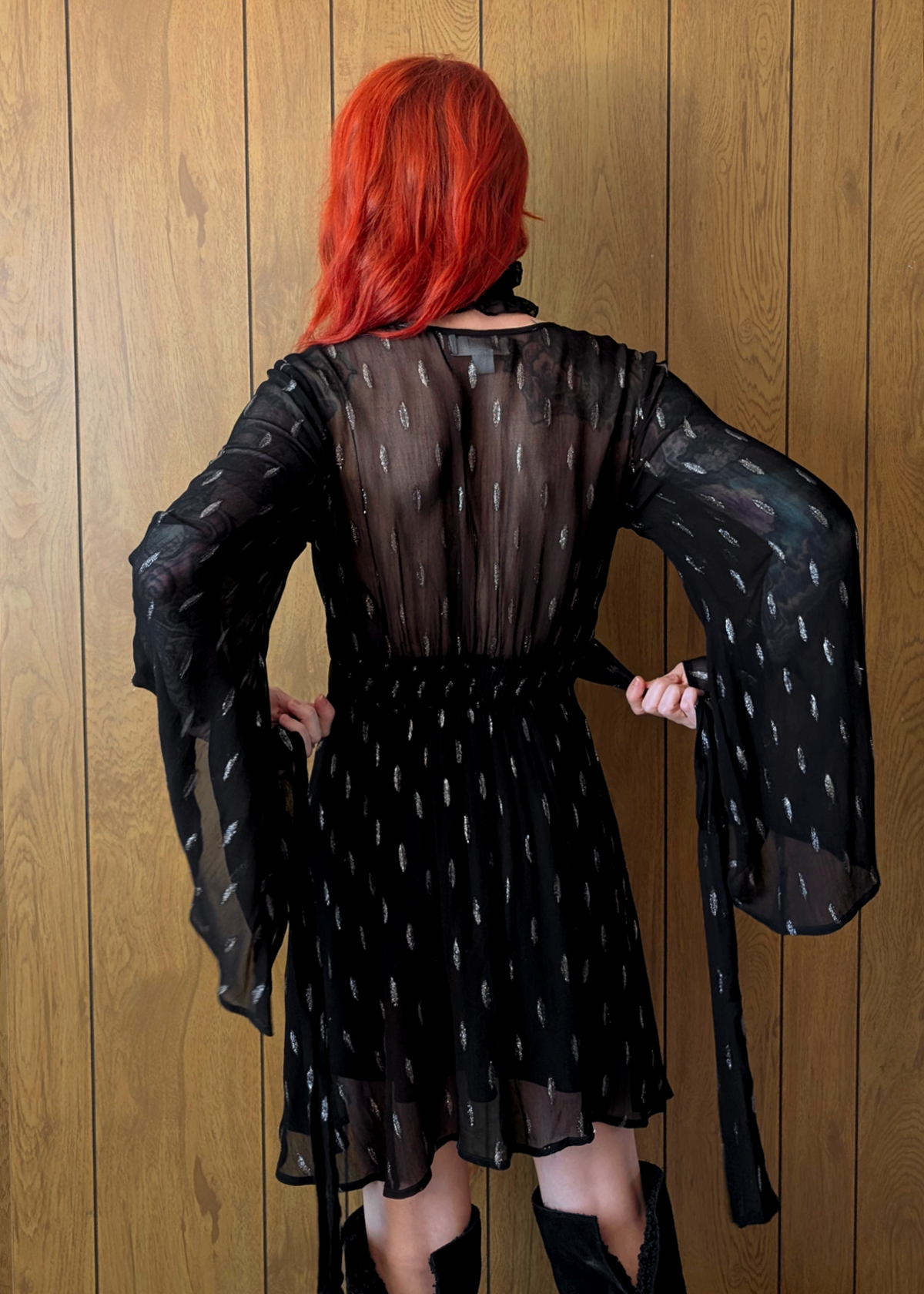 The Craft Black and Silver Lurex Bell Sleeve Mini Dress by Band of the Free Black Salt The Craft Black and Silver Lurex Bell Sleeve Mini Dress by Band of the Free Black Salt