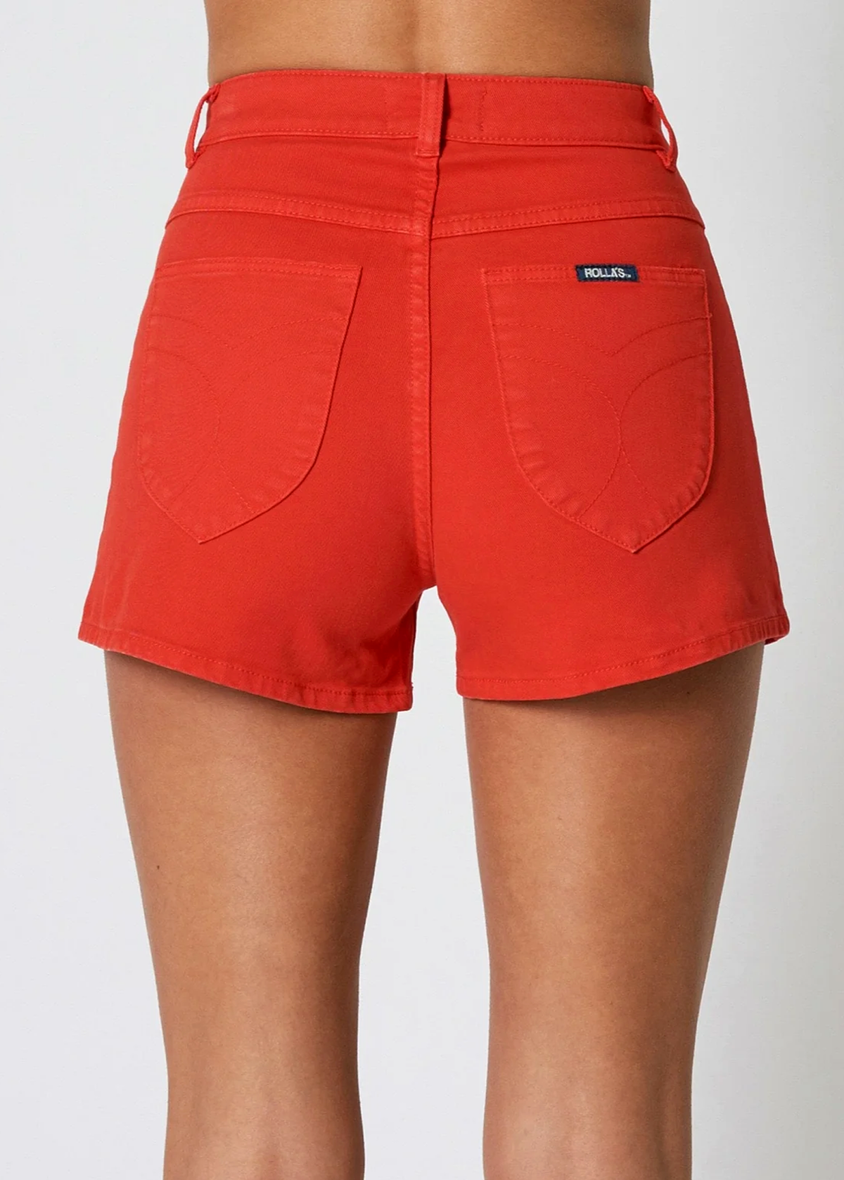 70s inspired Blood Orange Red high rise waist Sailor Patch Front Pocket Stretch Cotton Denim Shorts by Rolla's Jeans