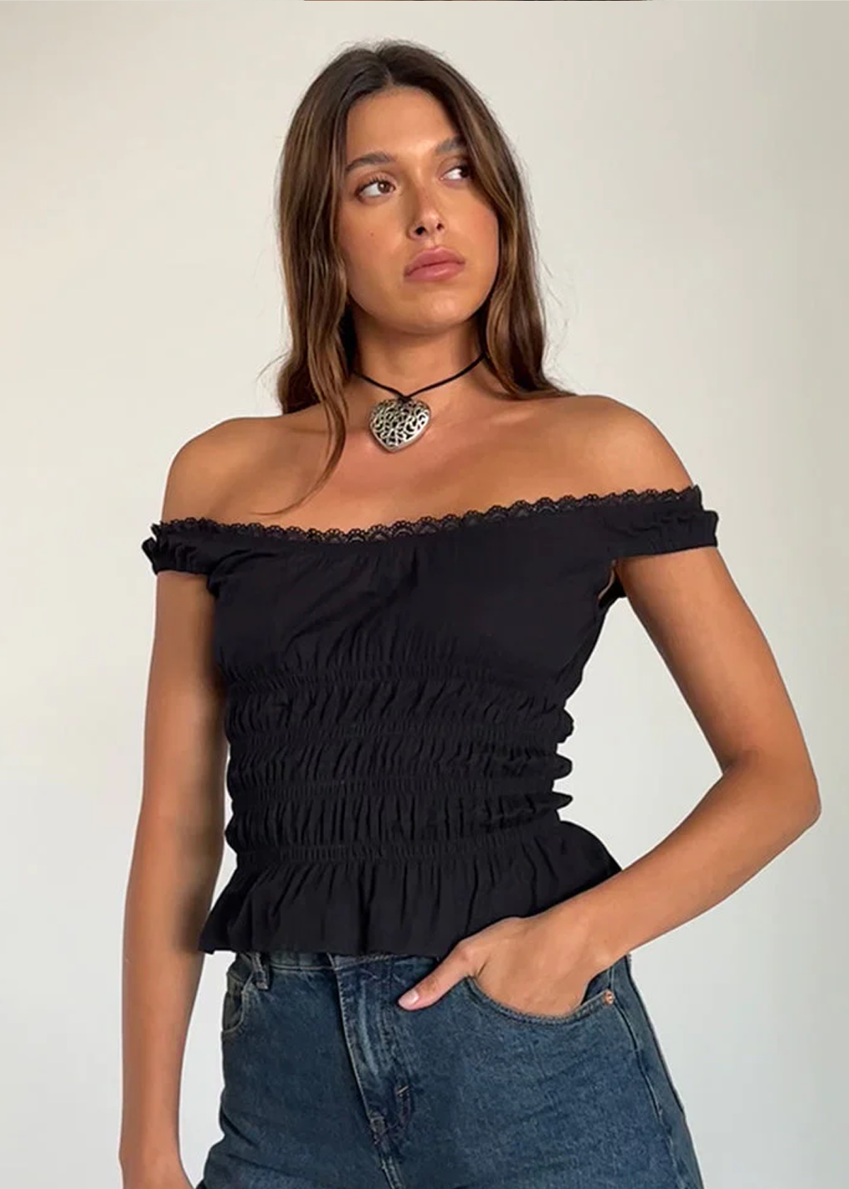 Black Bardot Off Shoulder Smocked Cotton Poplin Top by Motel Rocks Black Salt