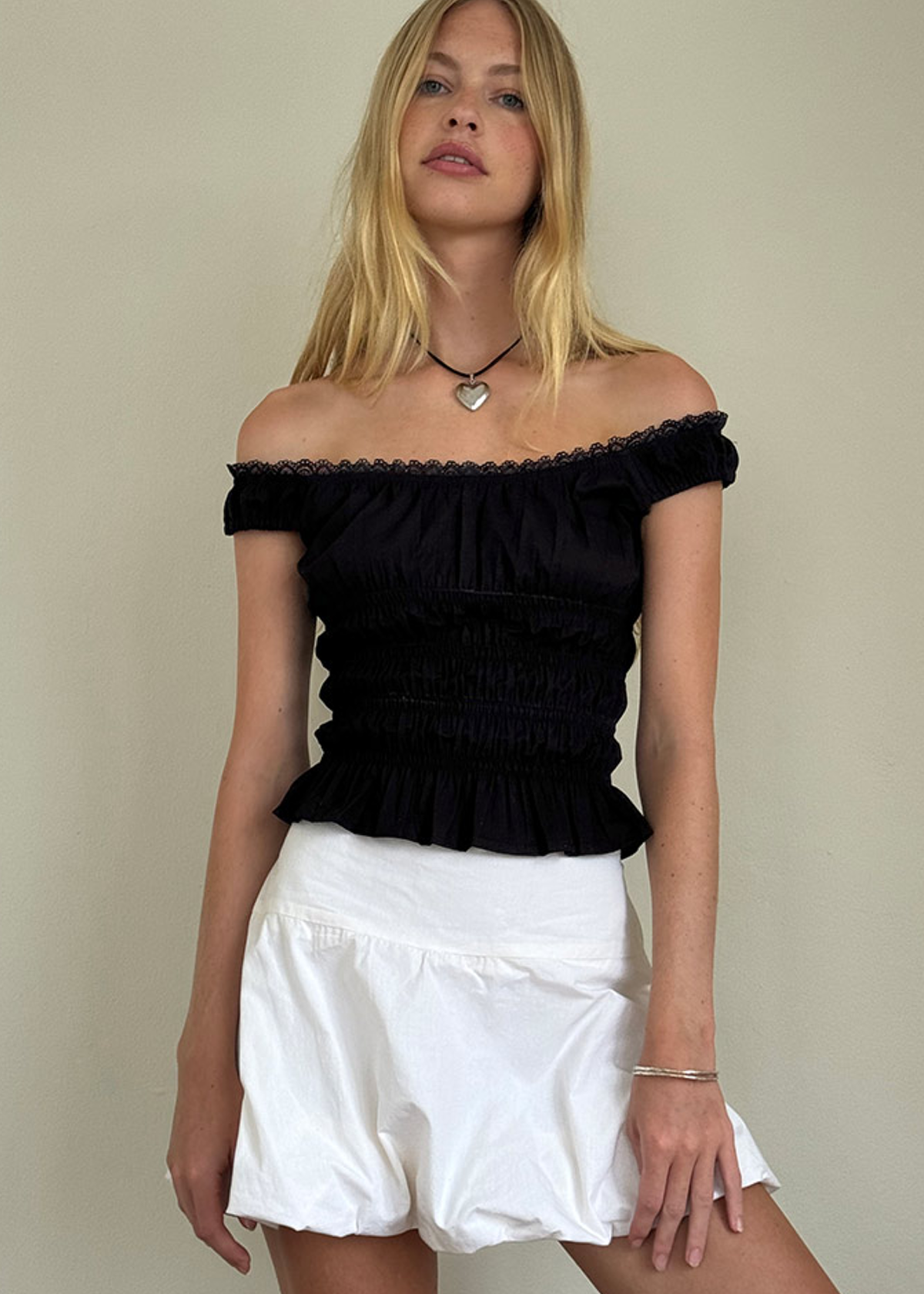 Motel Rocks 70s 90s inspired bardot off shoulder black cotton smocked prairie peasant top