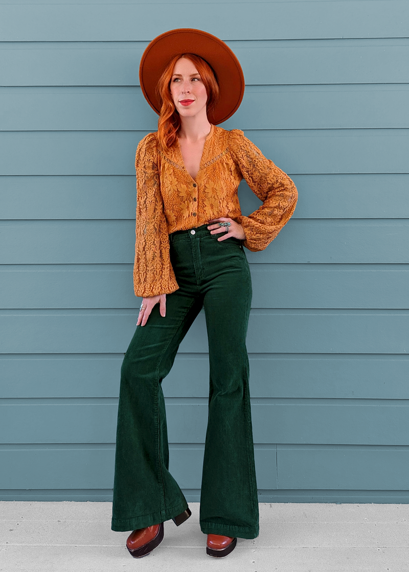 70s inspired High Waist Basil Green Corduroy Eastcoast Flares Bell Bottoms by Rolla's Jeans