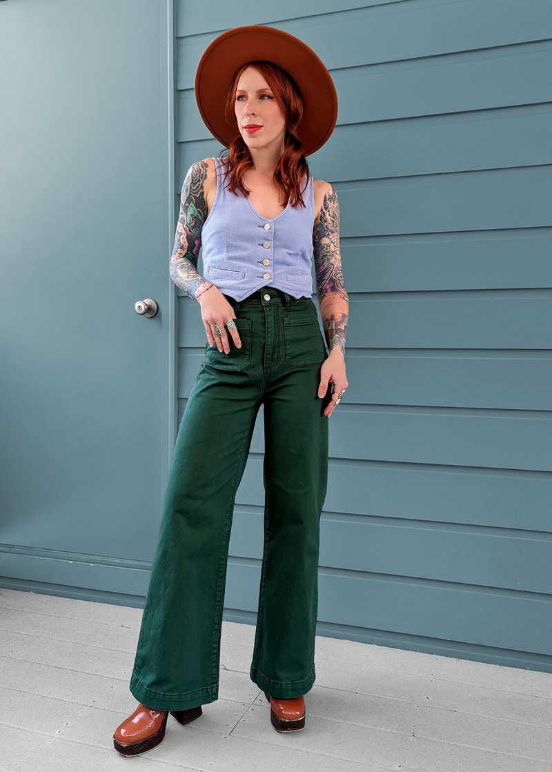 Basil Green Stretch Sailor Jean <br> <i> ankle length </i>