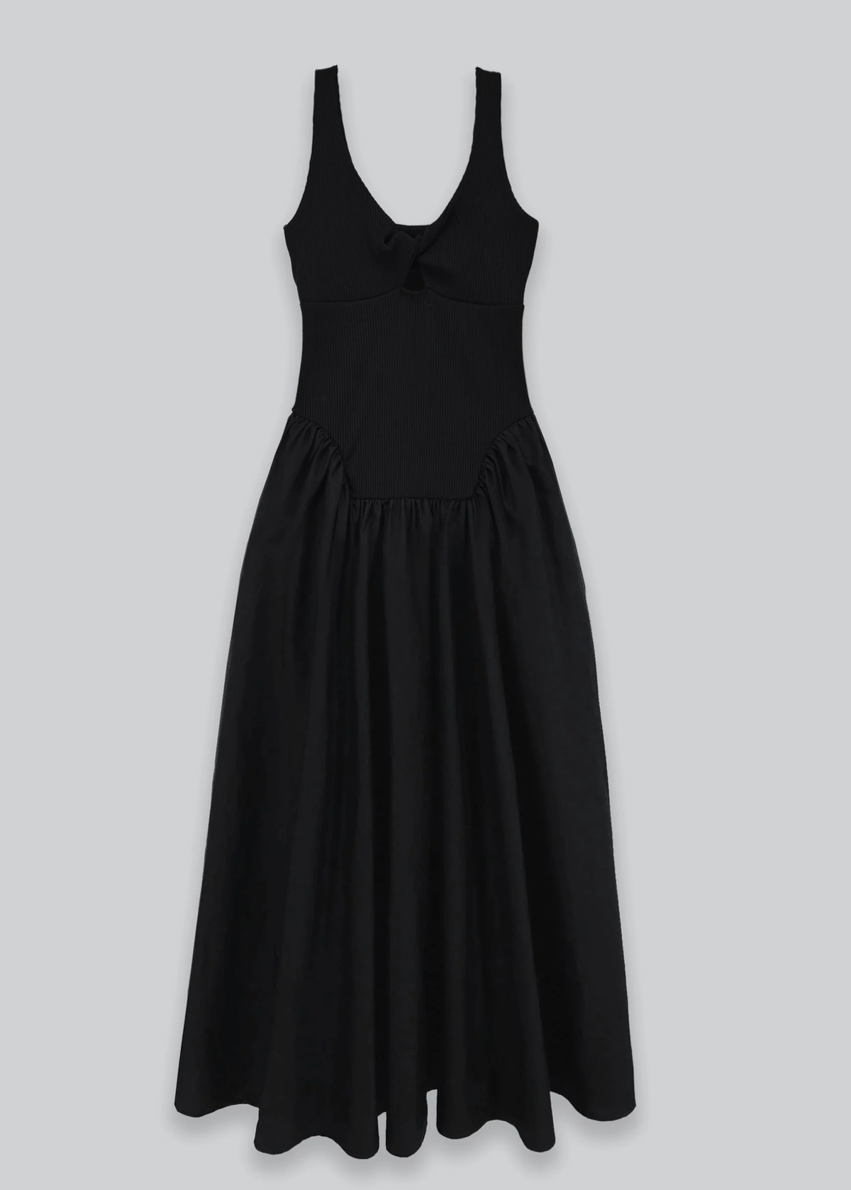 Black sleeveless dress on a light gray background