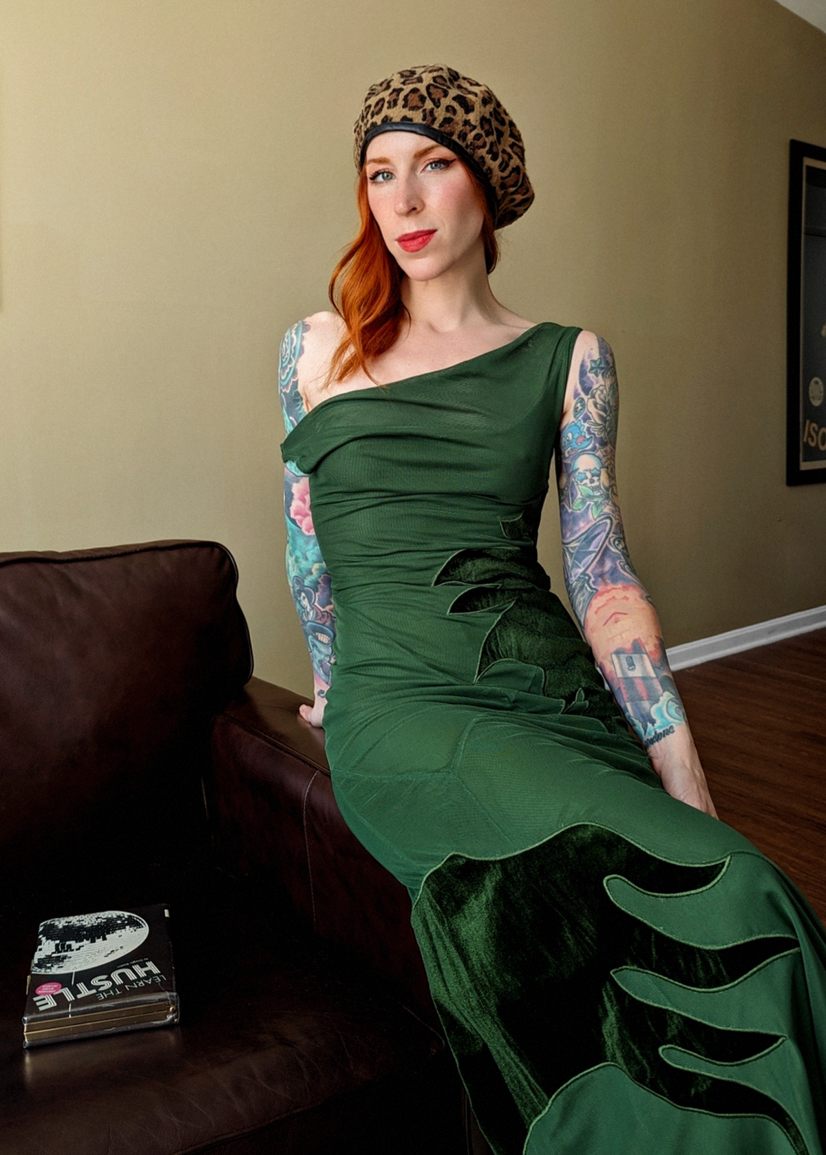 90s inspired romantic slinky stretch green mesh bias cut maxi dress with green velvet blaze accents. Off or on shoulder design. By Another Girl, ethical sustainable, and made with recycled materials