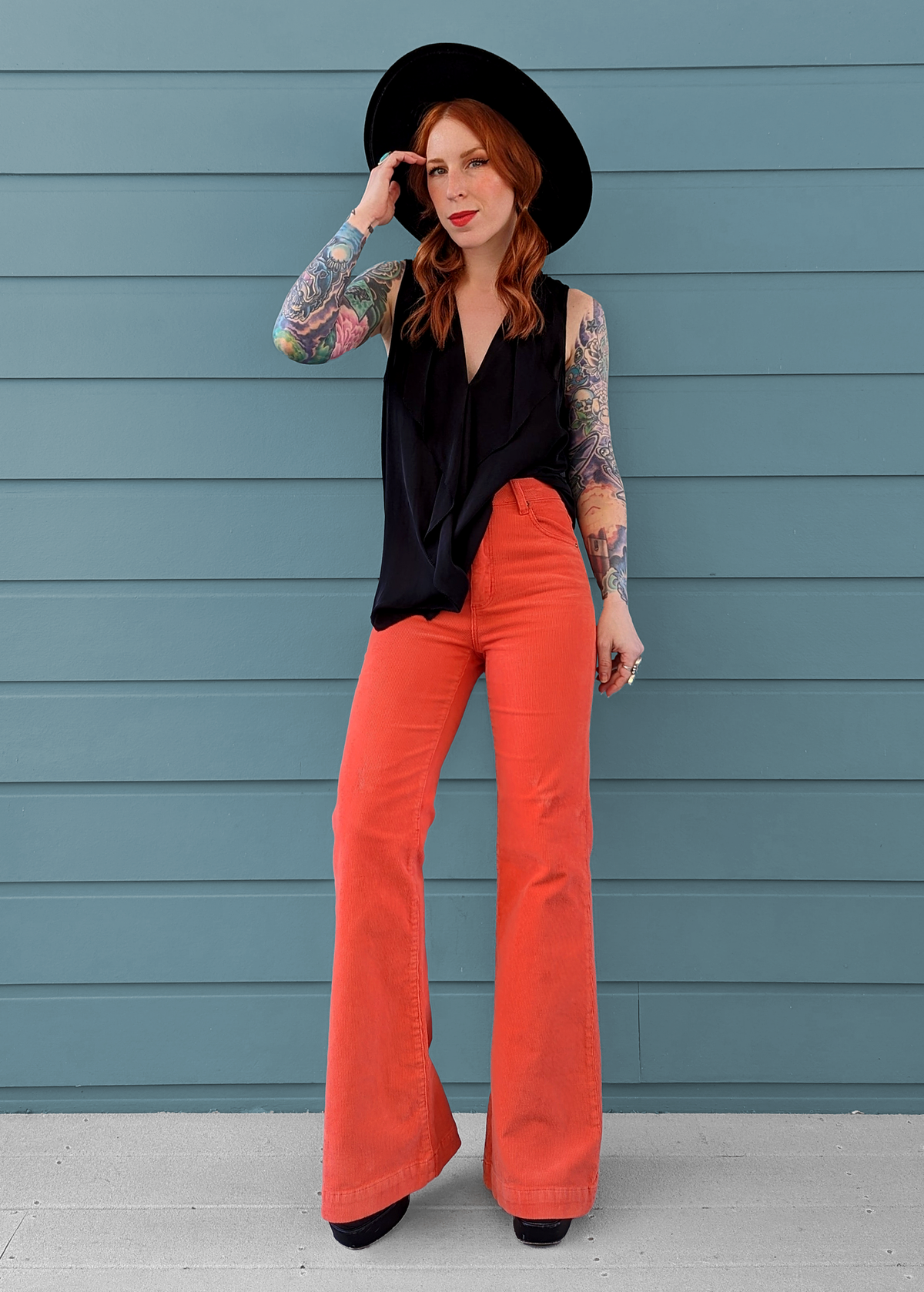 70s inspired Blood Orange Corduroy High Rise Waist Eastcoast Corduroy Flares by Rolla's Jeans