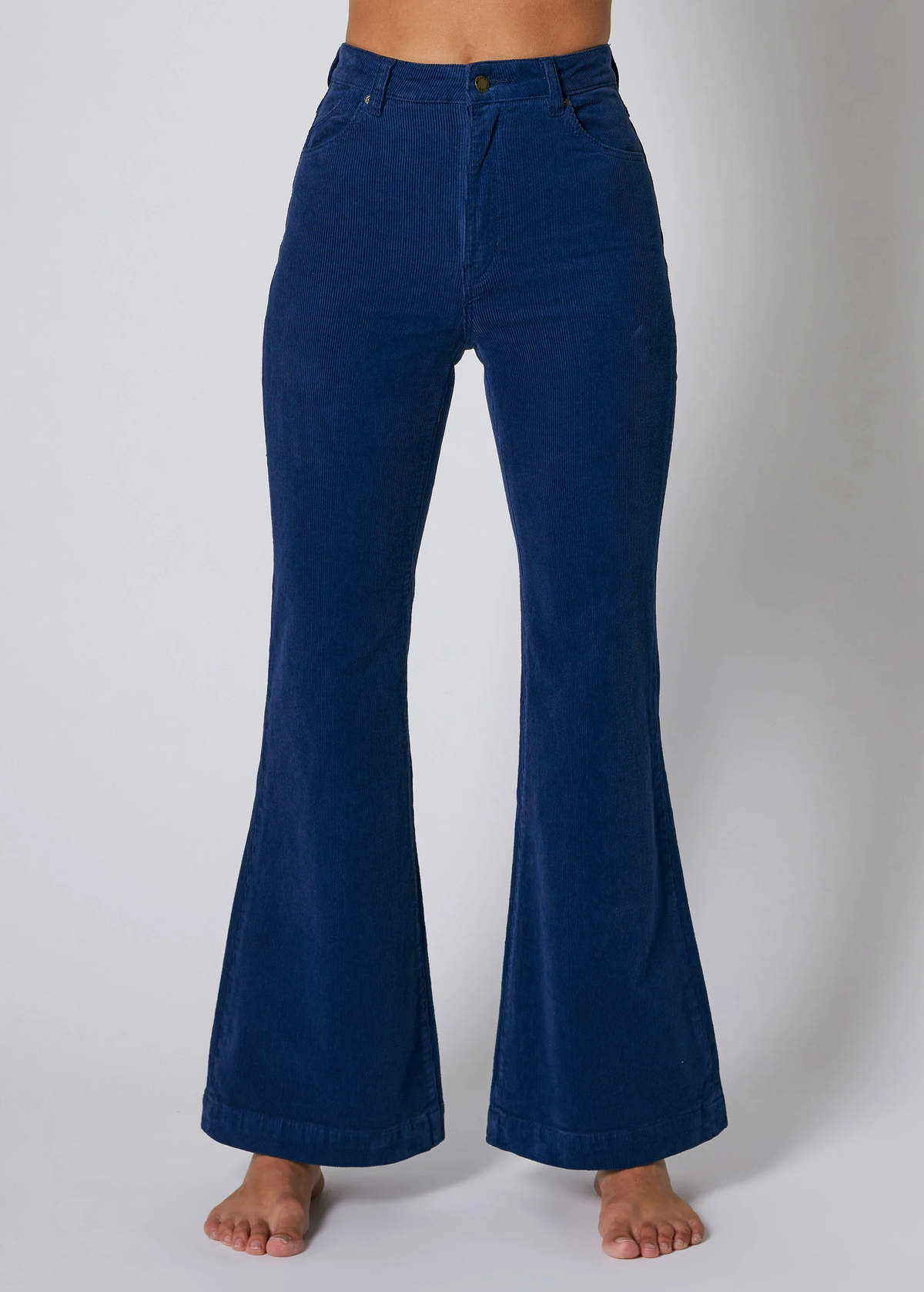 Rolla's Jeans Marine Blue Corduroy Eastcoast Flare: 70s inspired bell bottoms with a high rise waist, velvety soft thin wale corduroy, and a flare leg.