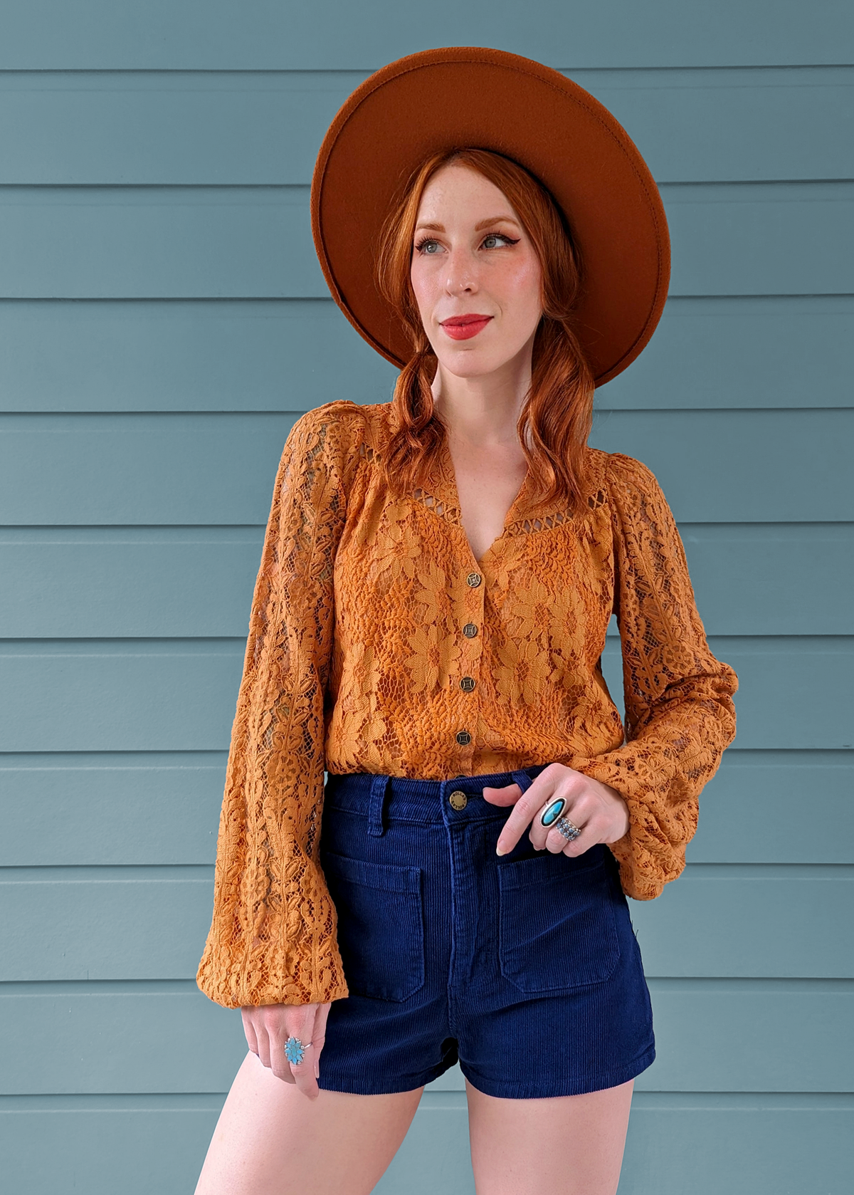 Nine Lives Bazaar Amber Orange Mila Lace 70s inspired blouse