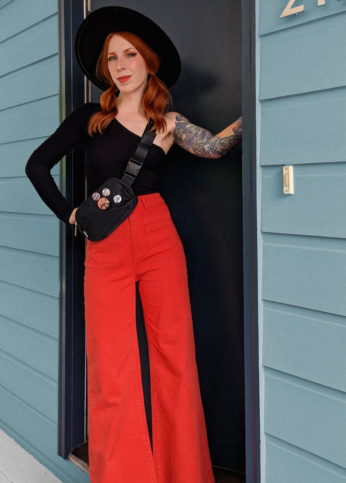 70s inspired Blood Orange Red high rise waist Sailor Patch Front Pocket Stretch Cotton Denim Ankle Length Wide Leg Pants by Rolla's Jeans