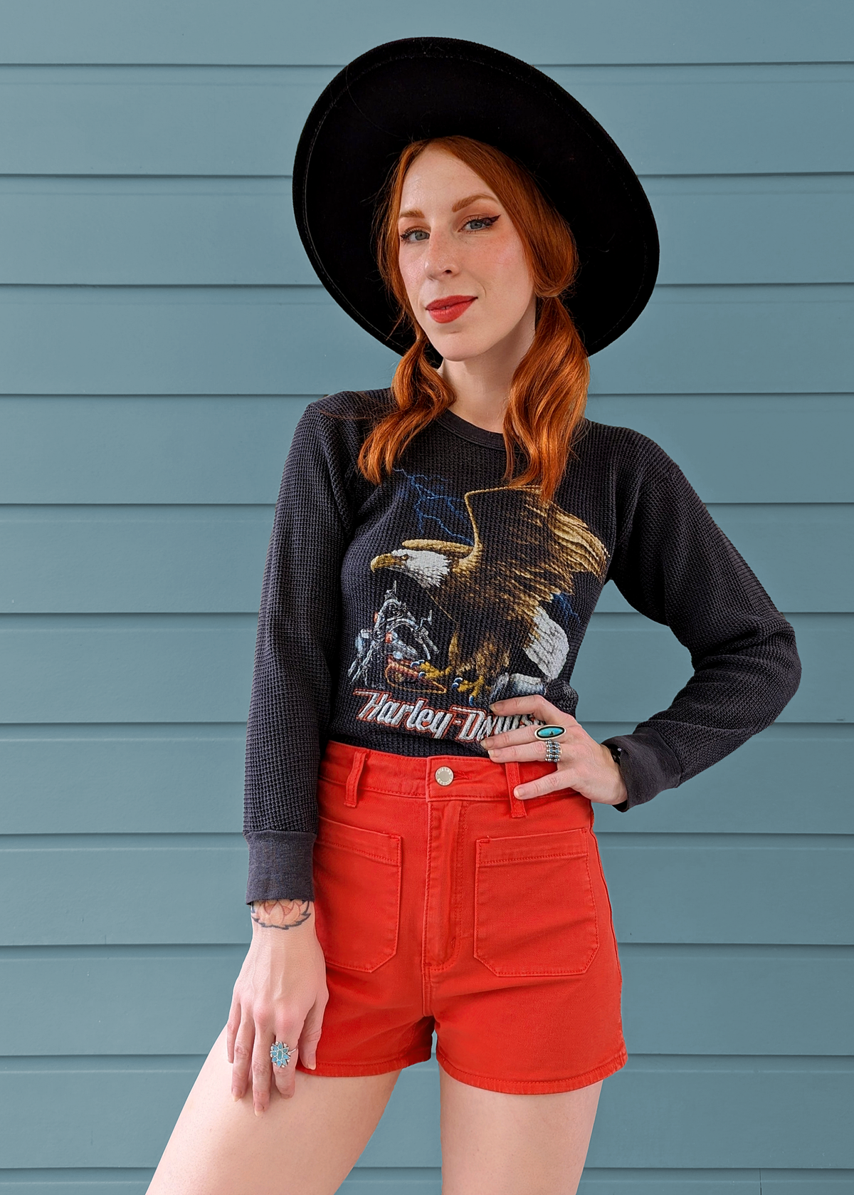 70s inspired Blood Orange Red high rise waist Sailor Patch Front Pocket Stretch Cotton Denim Shorts by Rolla's Jeans