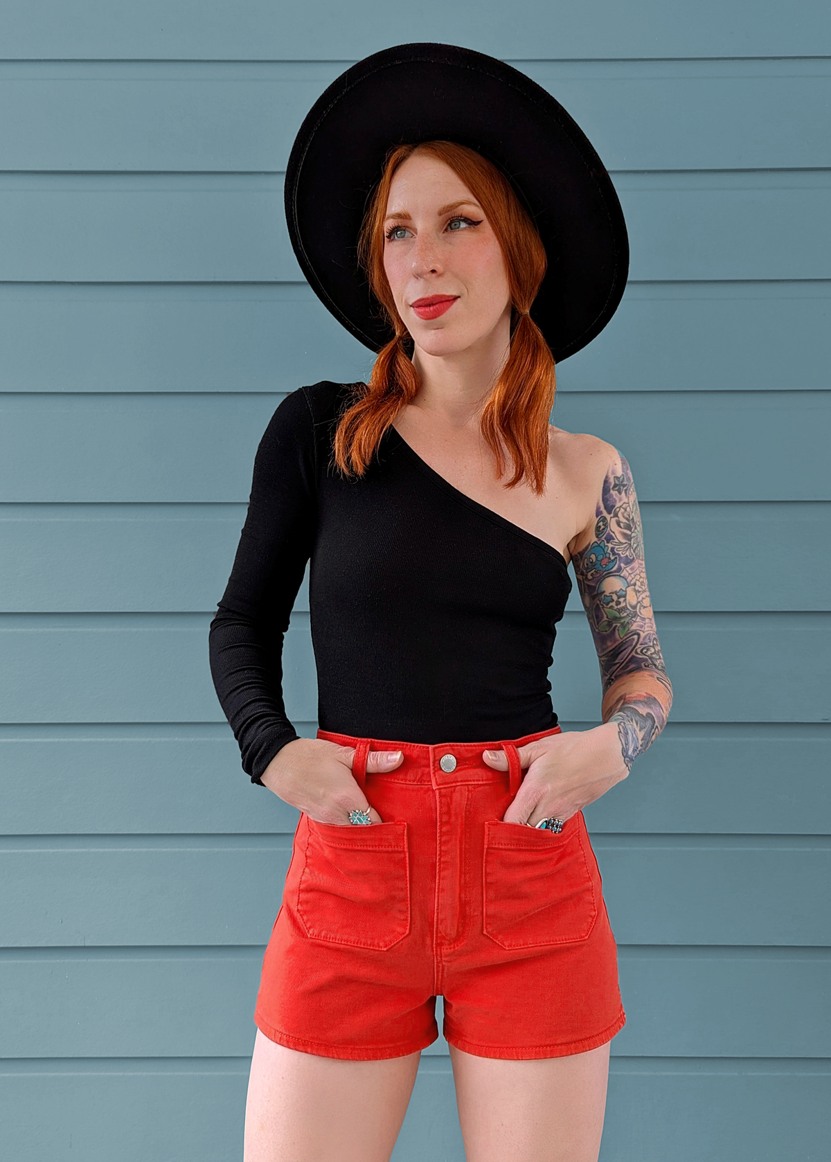 70s inspired Blood Orange Red high rise waist Sailor Patch Front Pocket Stretch Cotton Denim Shorts by Rolla's Jeans