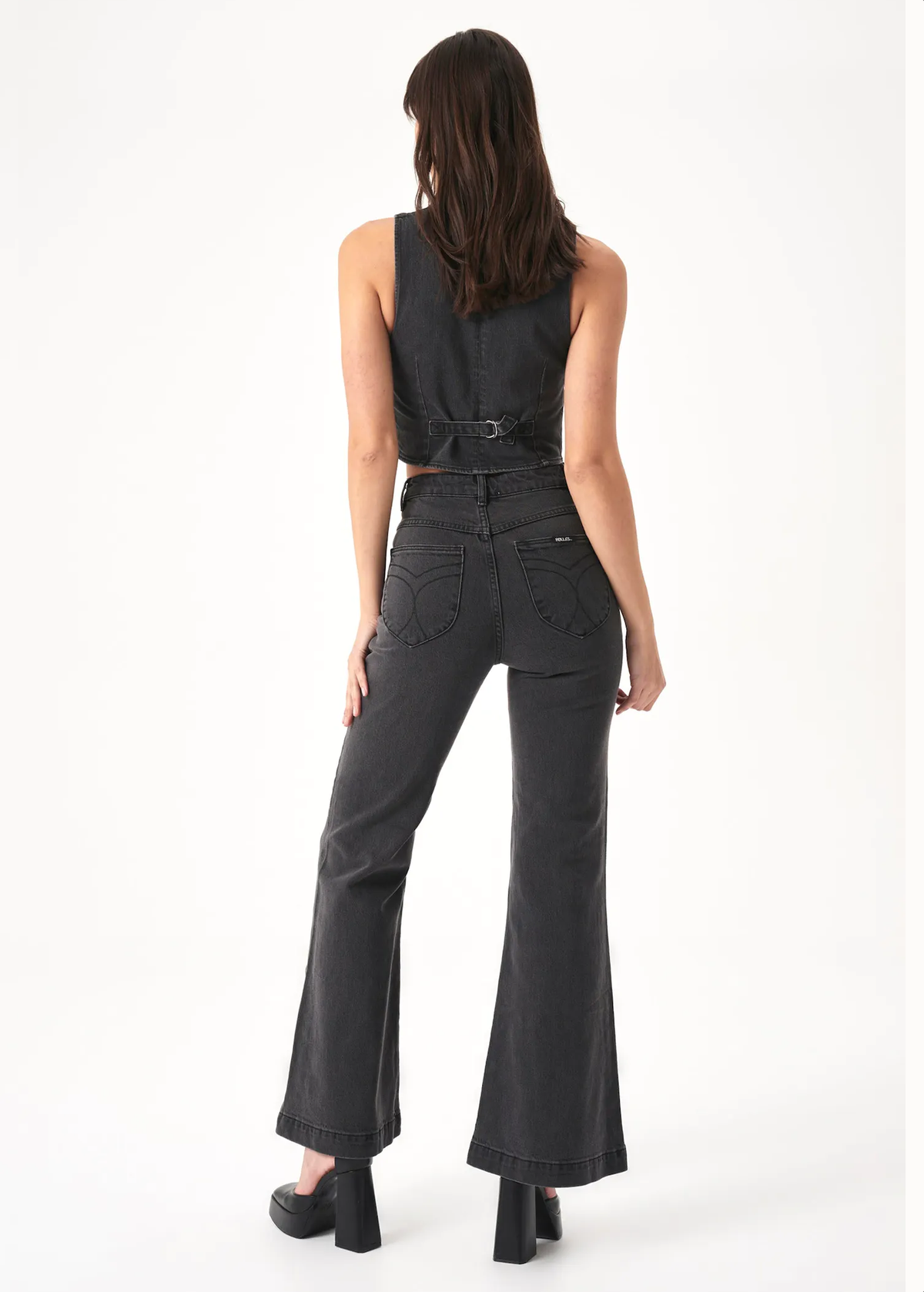 70s inspired faded Brad Black High Rise Waist Stretch Denim Eastcoast flares by Rolla's Jeans