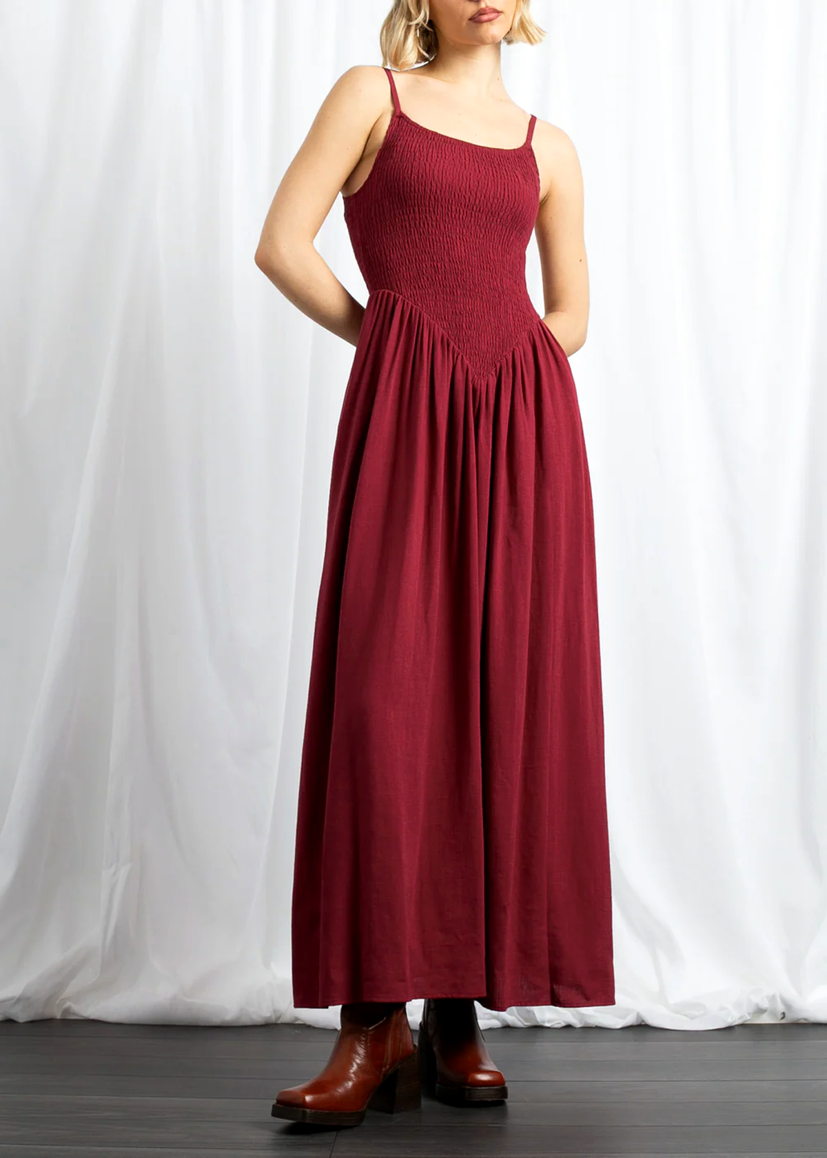 Brick Red Shirred V Bodice Maxi Dress