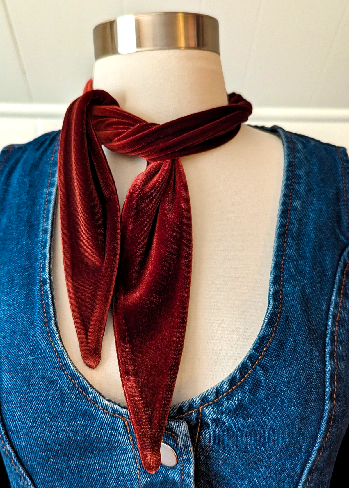 70s inspired Brick Red Velvet Scarf Neck Tie by I'm With the Band, handmade in California