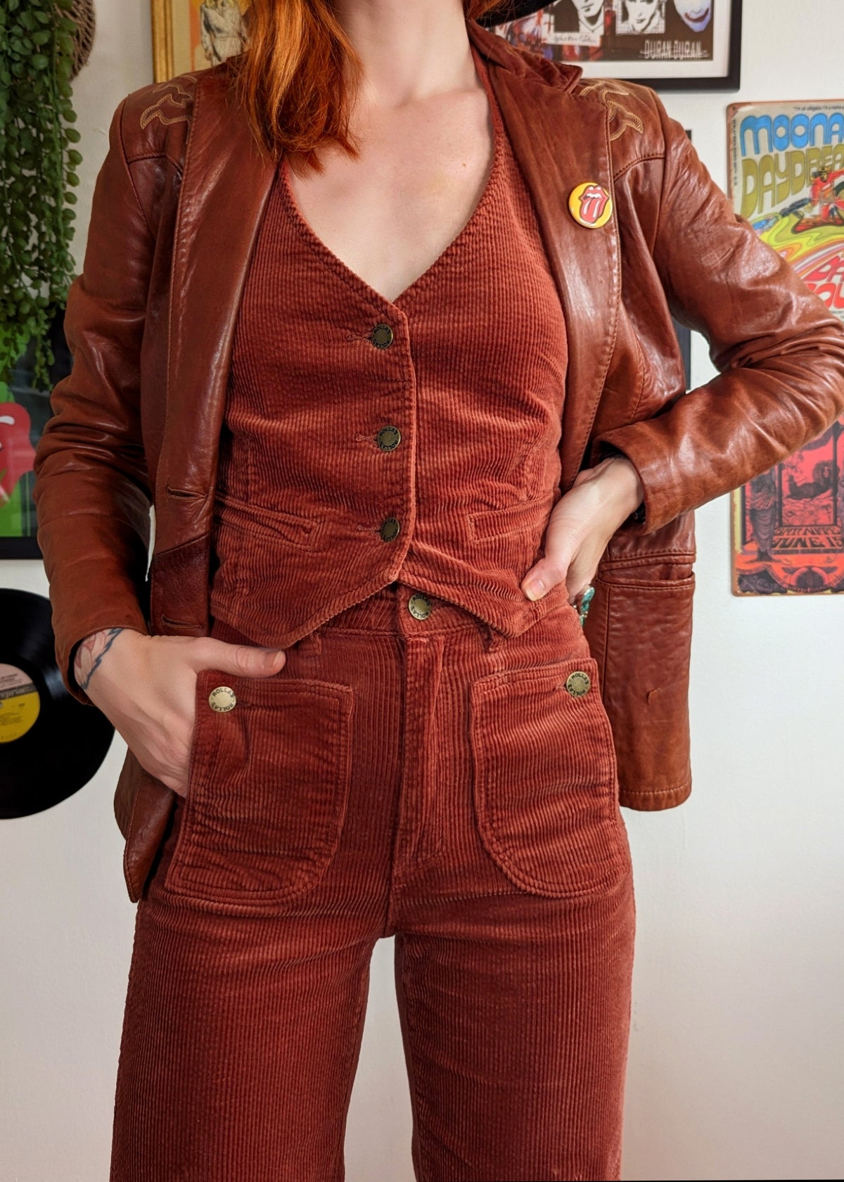 70s inspired brick red stretch corduroy halter vest by Rolla's Jeans