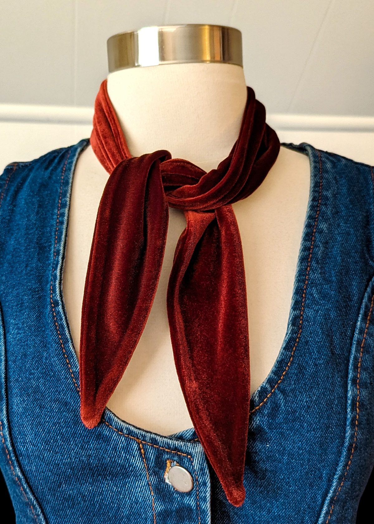 Brick Red Velvet Scarf Neck Tie by I'm With the Band, handmade in California