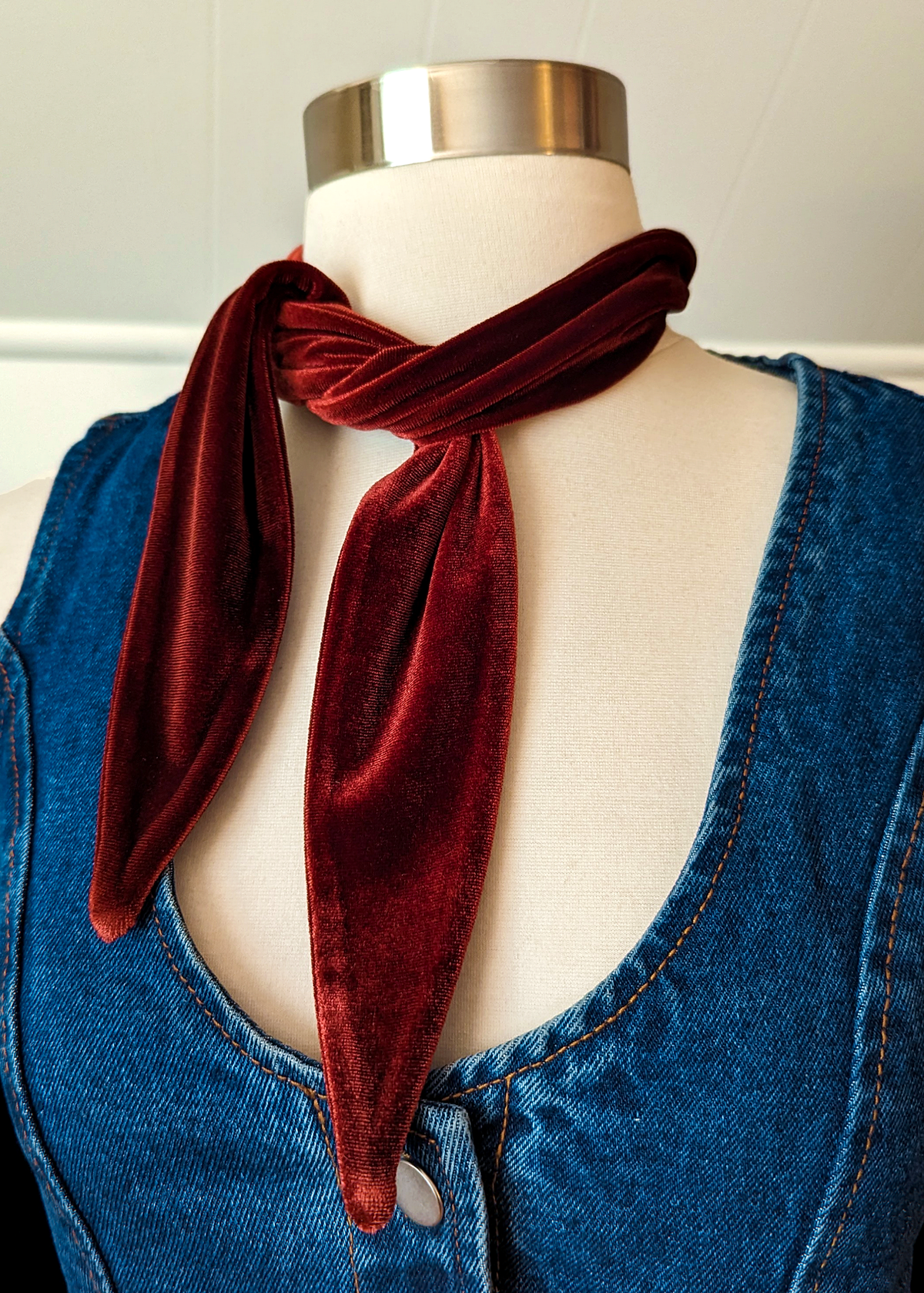 70s inspired Brick Red Velvet Scarf Neck Tie by I'm With the Band, handmade in California