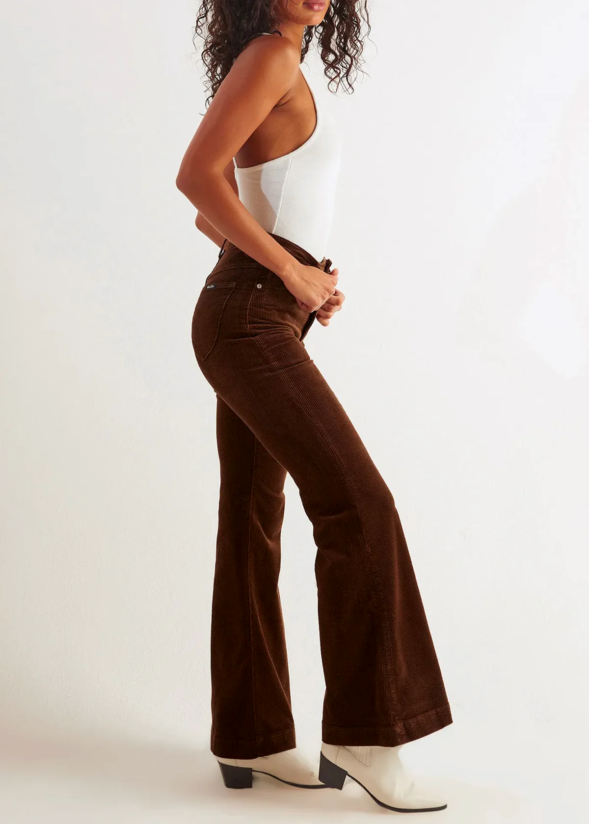 70s inspired brown stretch corduroy Eastcoast Flares with high rise waist by Rolla's Jeans