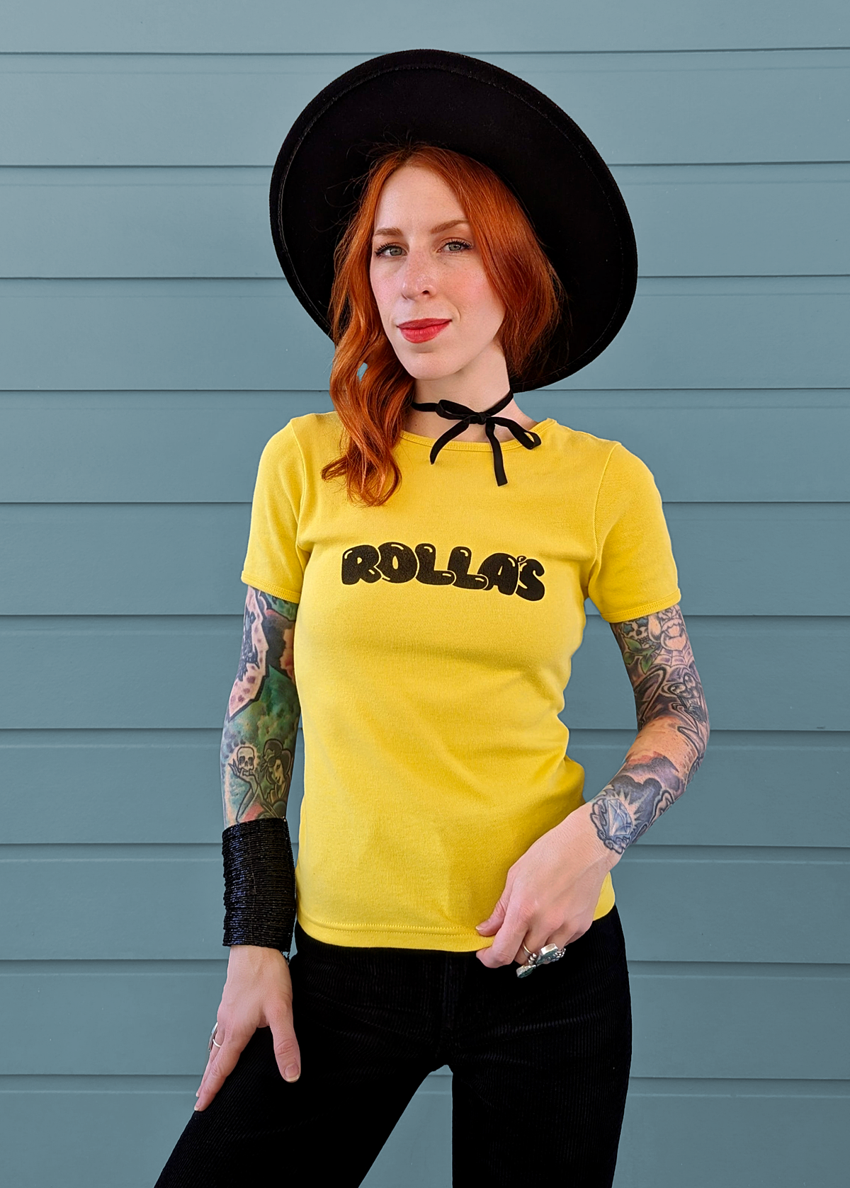 70s inspired golden yellow rib ringer tee with Rolla's bubble graphics at front in black, by Rolla's Jeans