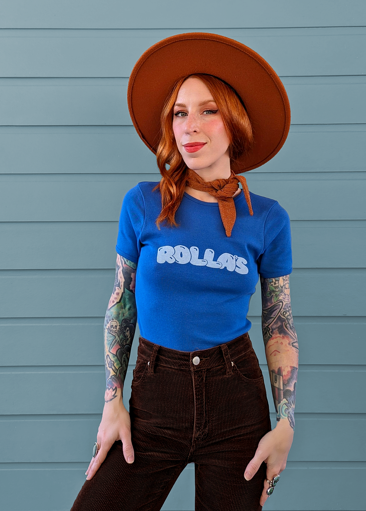 70s inspired cobalt blue Rolla's Bubble logo ringer rib short sleeve tee by Rolla's Jeans