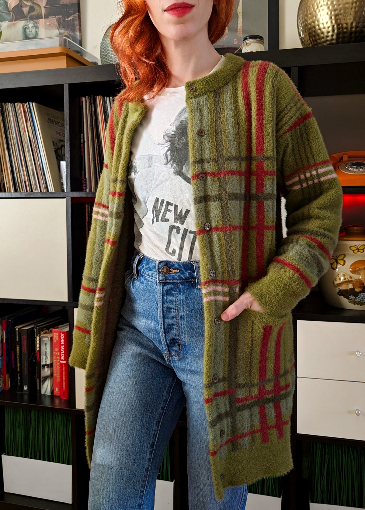 Pennyroyal Fuzzy Check Grandpa Cardigan