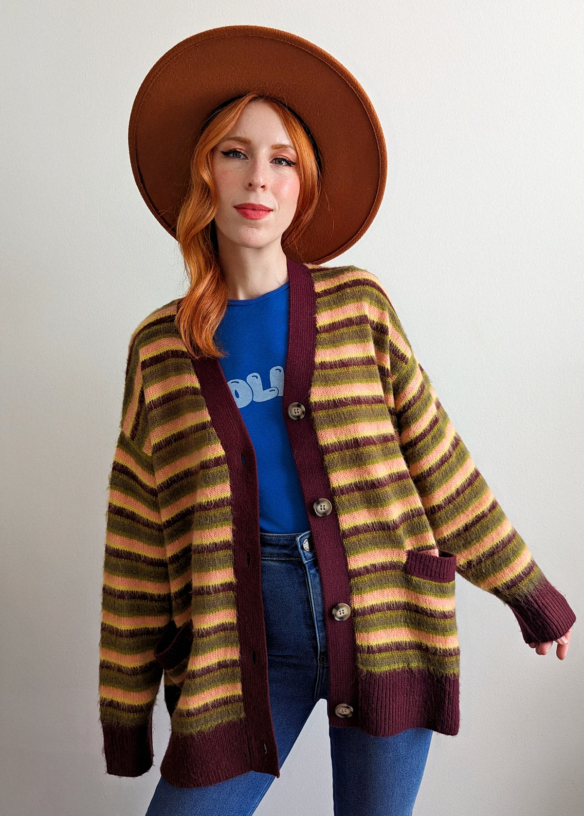 90s inspired grunge slouchy oversized grandpa fuzzy button front cardigan in burgundy stripe Cherry Crush by Daydreamer LA