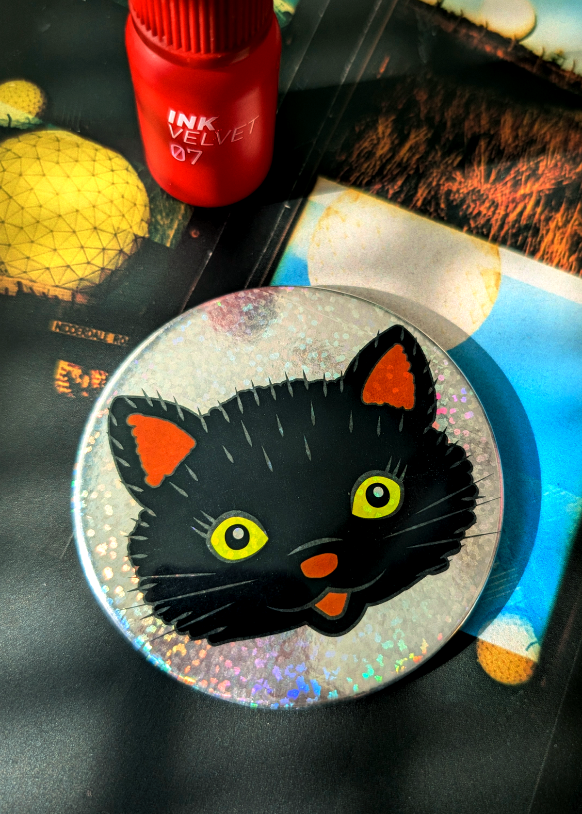 Holographic Black Cat Mini Pocket Mirror