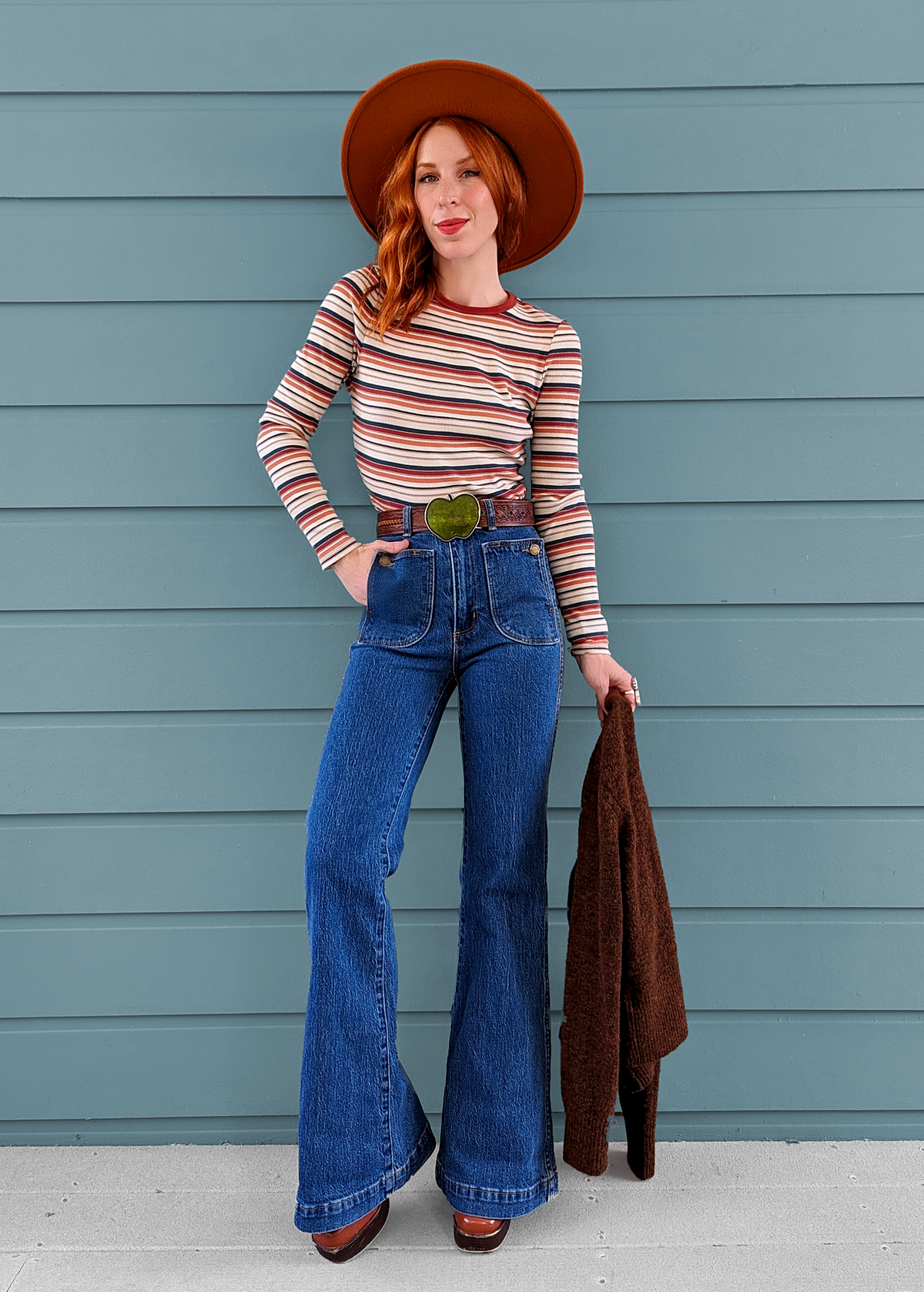 70s inspired organic cotton stretch Charlotte blue denim Eastcoast Flares with high rise waist and patch front pockets by Rolla's Jeans