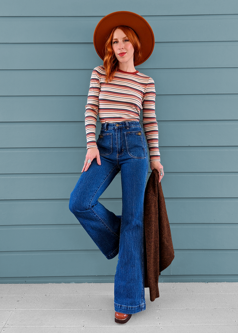 70s inspired organic cotton stretch Charlotte blue denim Eastcoast Flares with high rise waist and patch front pockets by Rolla's Jeans
