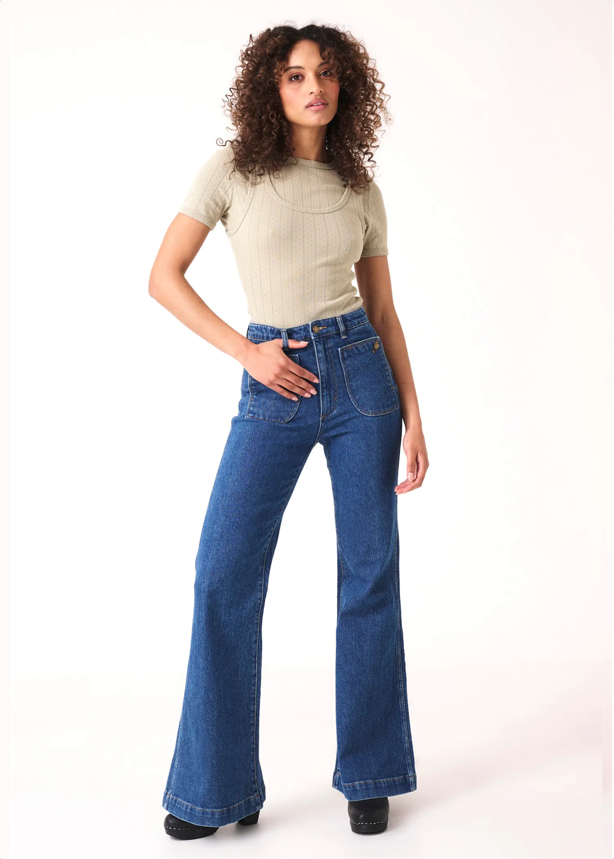 70s inspired organic cotton stretch Charlotte blue denim Eastcoast Flares with high rise waist and patch front pockets by Rolla's Jeans