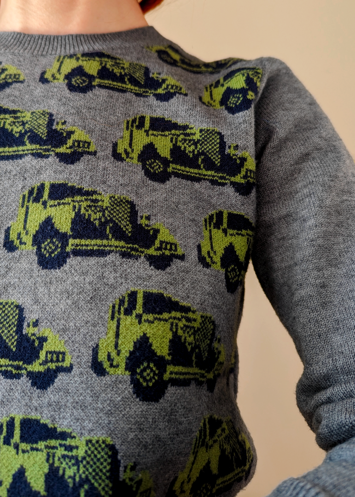 Retro 70s inspired crew neck sweater in grey with old vintage car intarsia design at front in green, by Nice Things by Paloma S.