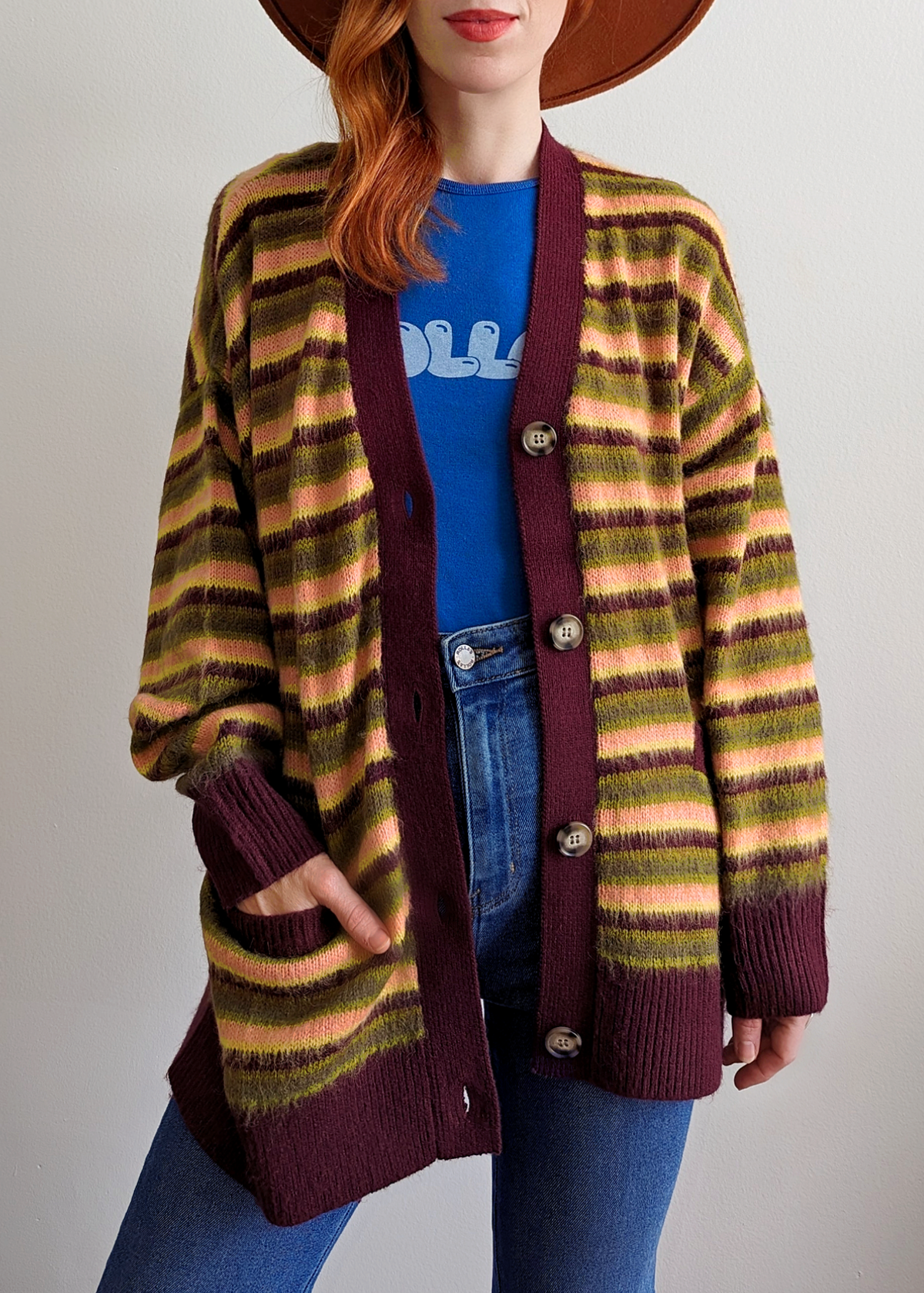 90s inspired grunge slouchy oversized grandpa fuzzy button front cardigan in burgundy stripe Cherry Crush by Daydreamer LA