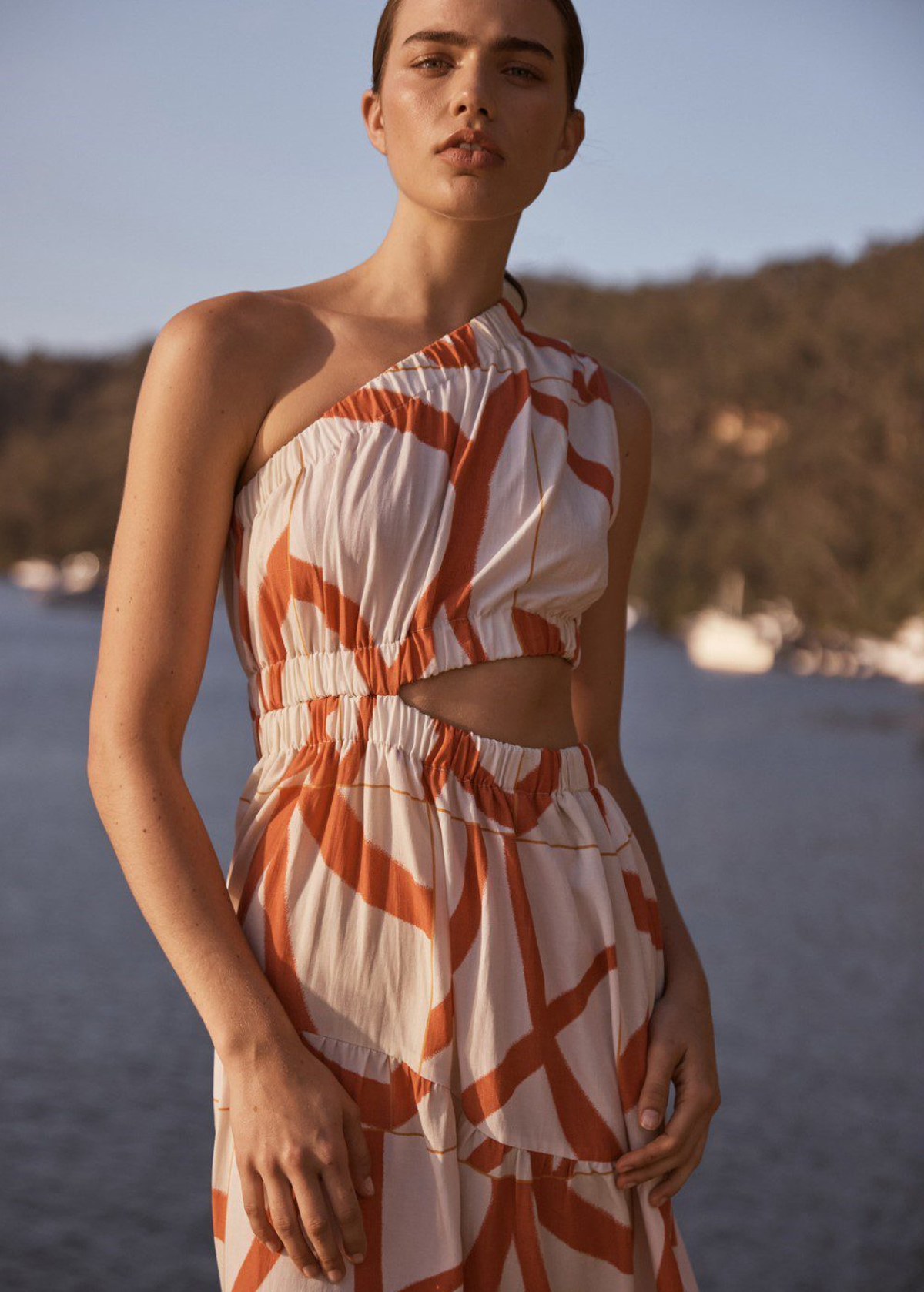 Yasmin One Shoulder Midi-Maxi Dress in Biege/Abstract Orange by Little Lies S Yasmin One Shoulder Midi-Maxi Dress in Biege/Abstract Orange by Little Lies S