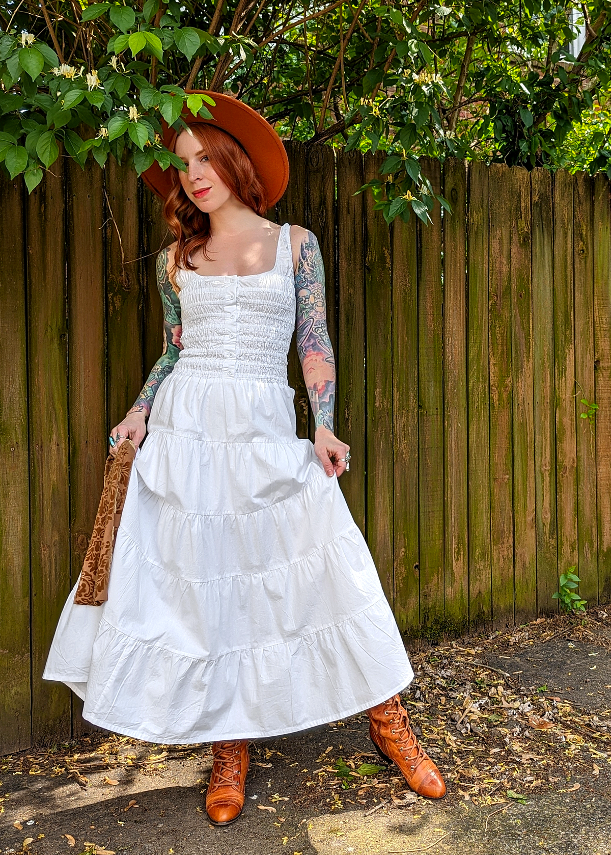 70s inspired dreamy prairie crisp white cotton smocked midi sundress with button front and tiered skirt by Motel Rocks