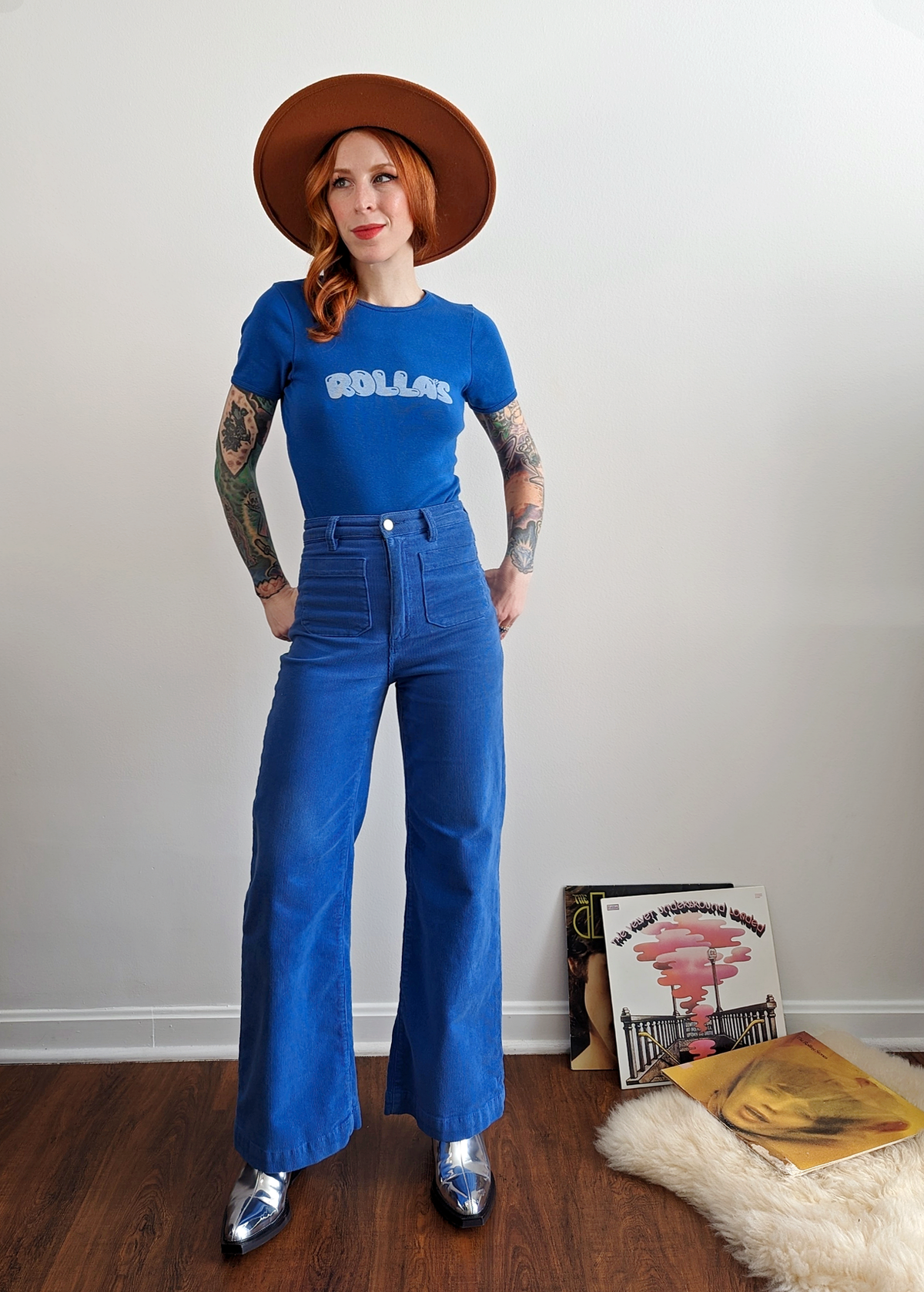 70s inspired cobalt blue corduroy sailor wide leg ankle length crop pants with high rise waist and patch front pockets by Rolla's Jeans