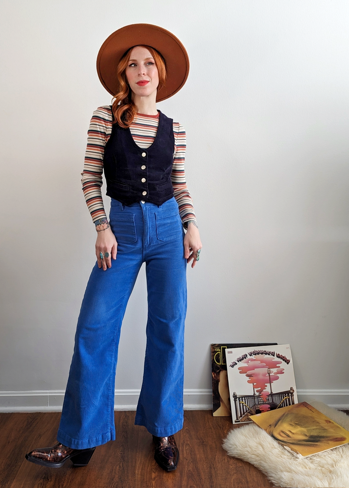 70s inspired cobalt blue corduroy sailor wide leg ankle length crop pants with high rise waist and patch front pockets by Rolla's Jeans