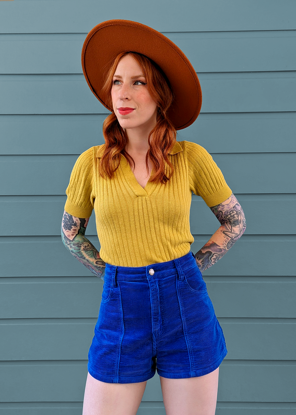 70s inspired electric blue corduroy Dusters shorts with high rise waist by Rolla's Jeans