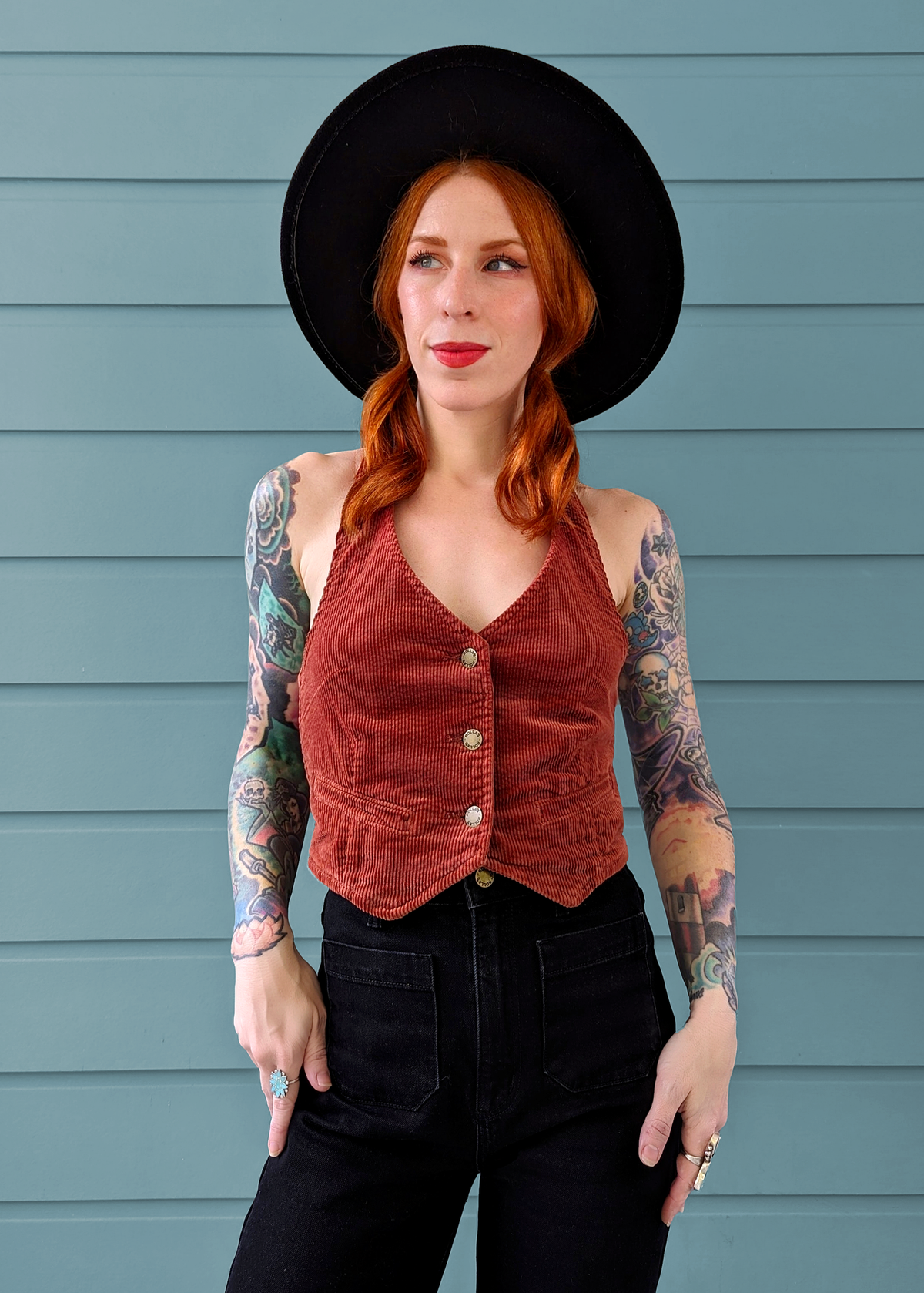 70s inspired brick red stretch corduroy halter vest by Rolla's Jeans