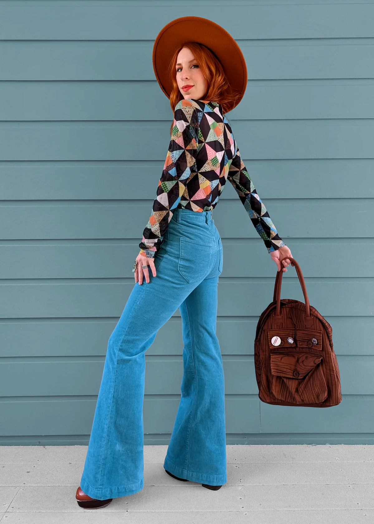 70s inspired cornflower light blue corduroy eastcoast flares with high rise waist and sailor patch front pockets, by Rolla's Jeans