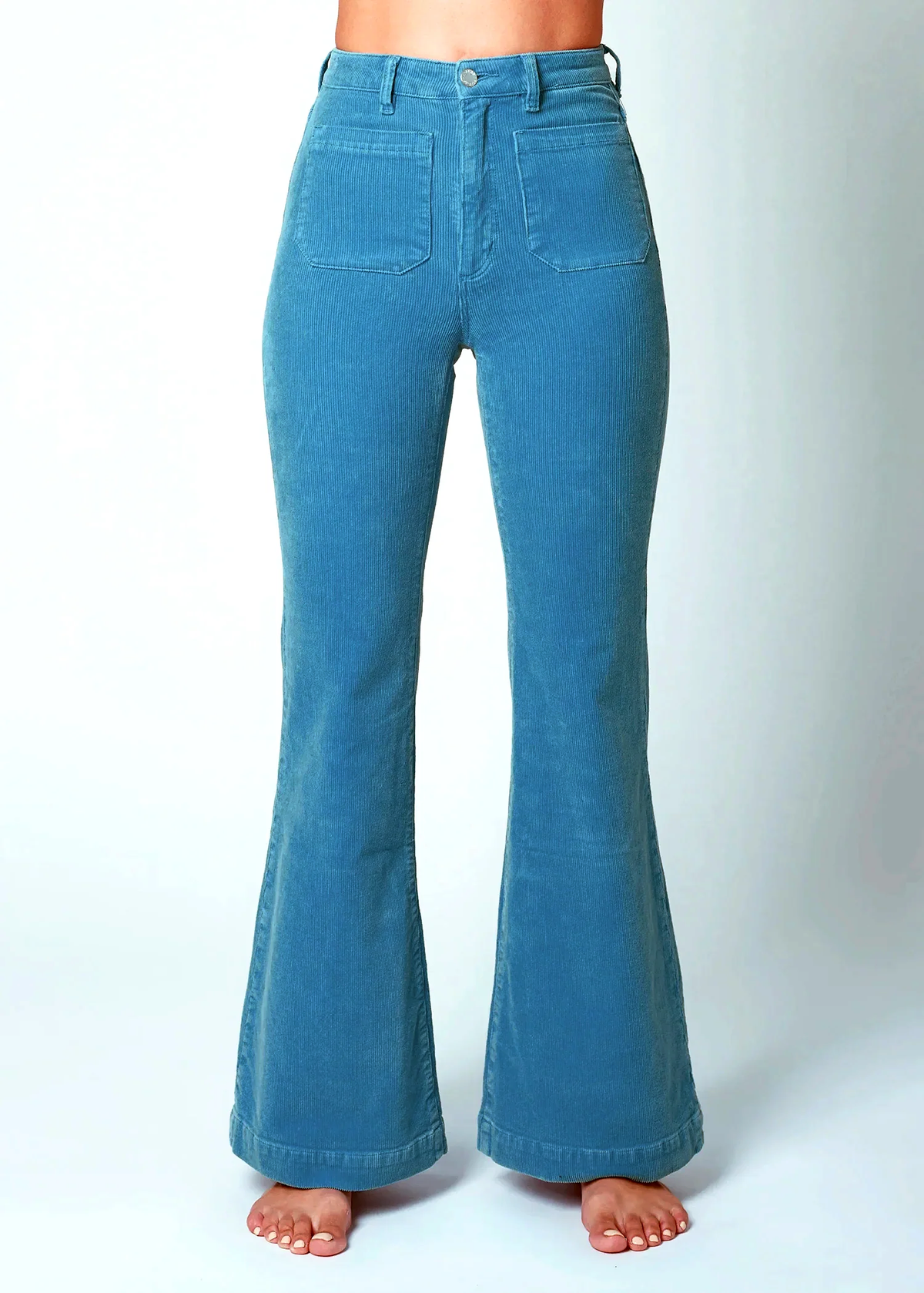 70s inspired cornflower light blue corduroy eastcoast flares with high rise waist and sailor patch front pockets, by Rolla's Jeans