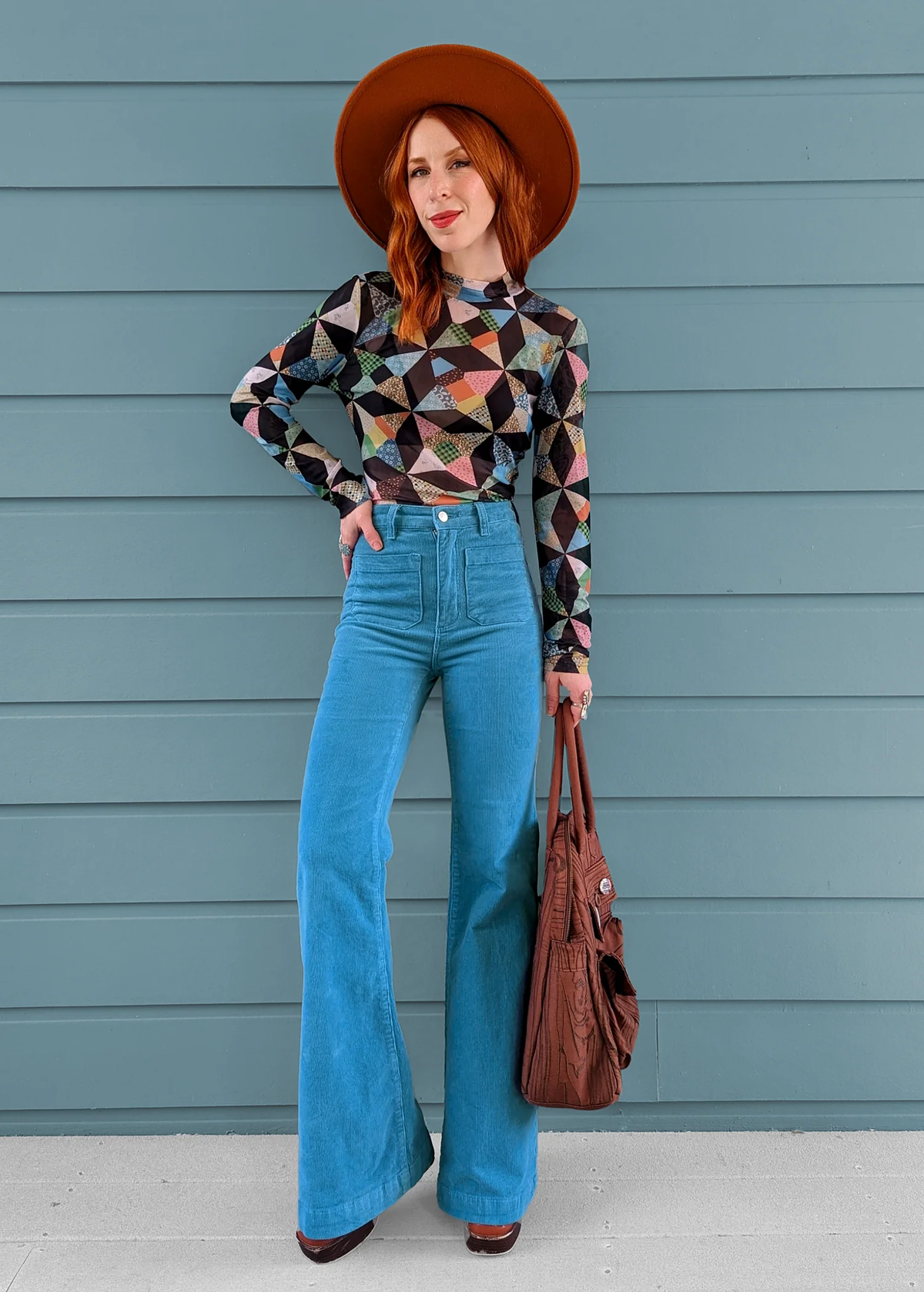 70s inspired cornflower light blue corduroy eastcoast flares with high rise waist and sailor patch front pockets, by Rolla's Jeans