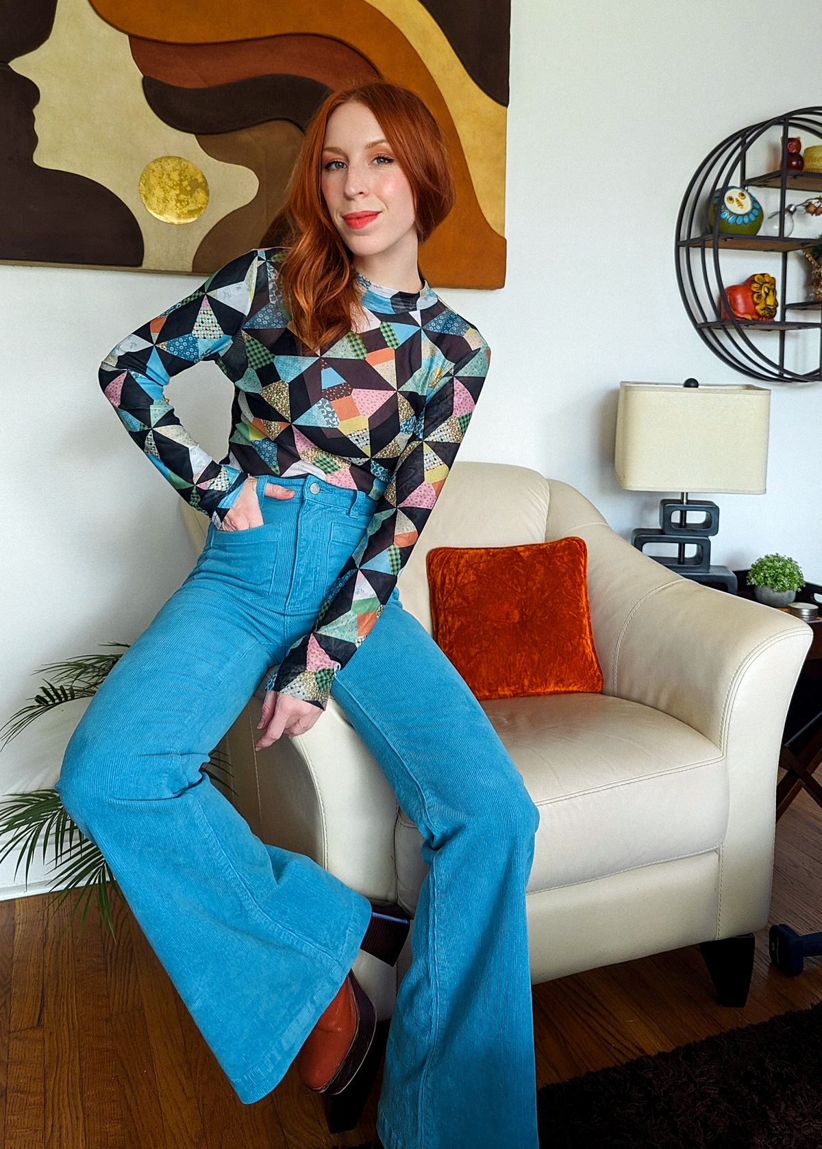 70s inspired cornflower light blue corduroy eastcoast flares with high rise waist and sailor patch front pockets, by Rolla's Jeans